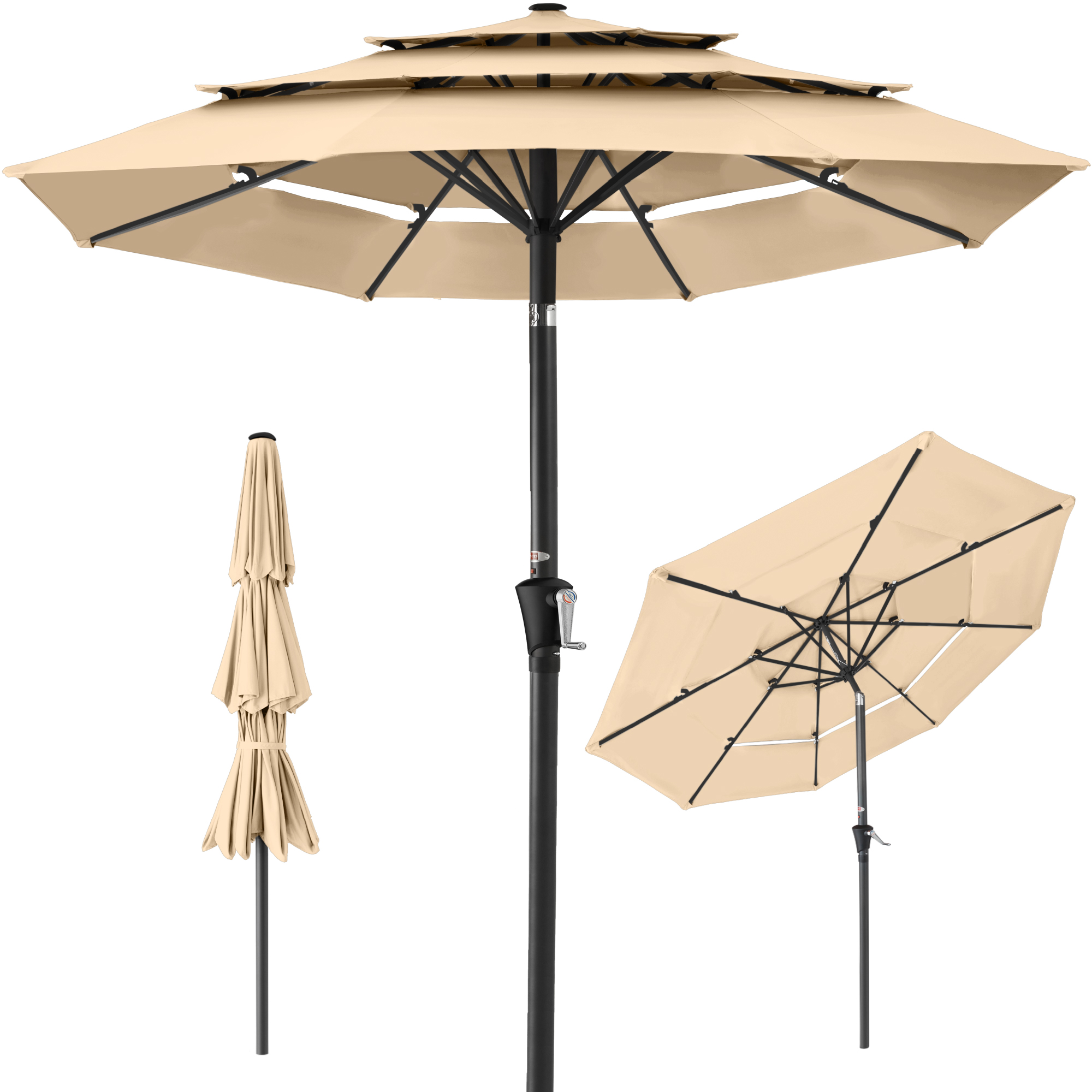 10ft 3-Tier Patio Umbrella, Market Sun Shade w/ Tilt Adjustment, Easy Crank - Sand - Best Choice Products Online