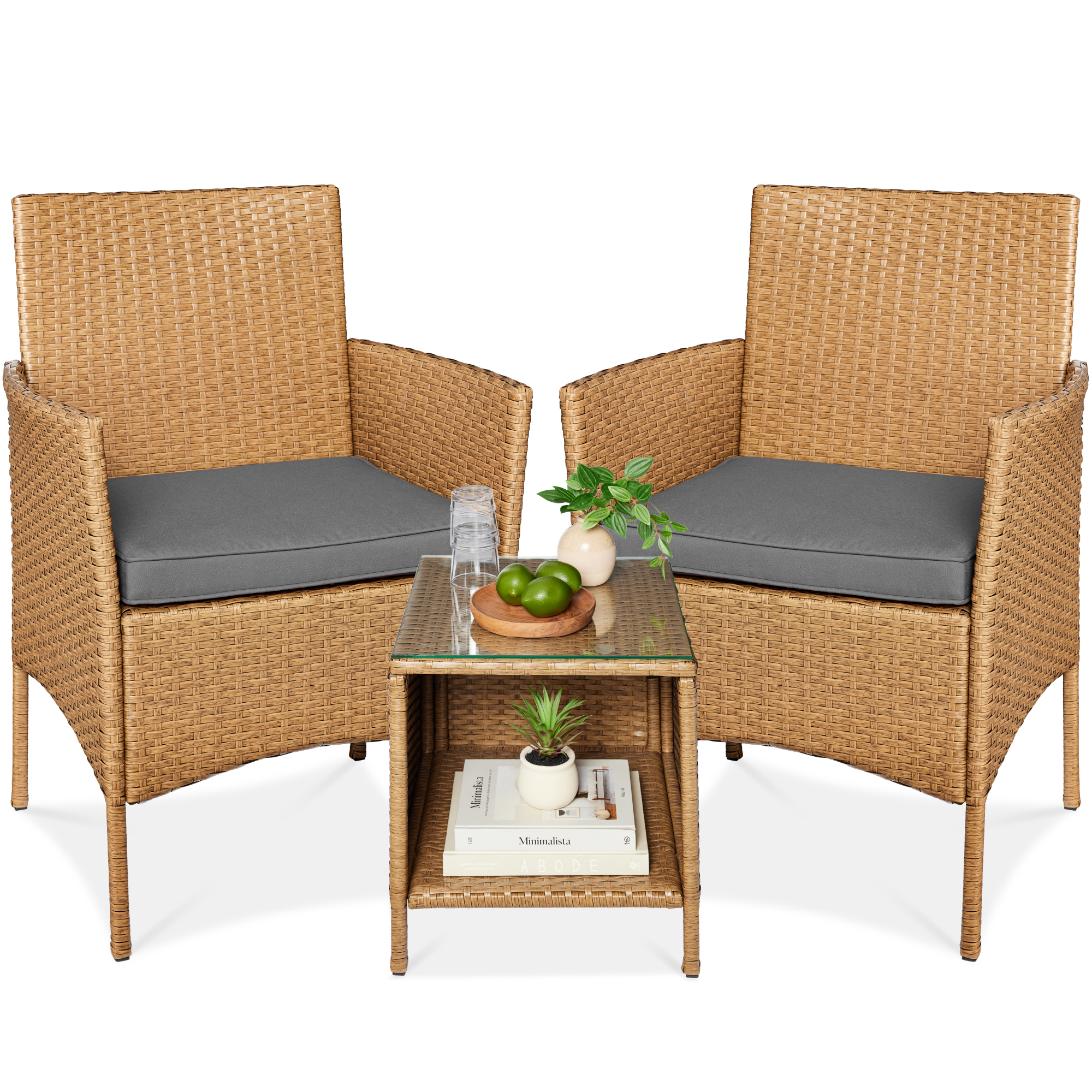 3-Piece Outdoor Wicker Conversation Bistro Set, Patio Chat Furniture w/ Side Storage Table - Natural/Gray - Best Choice Products Online