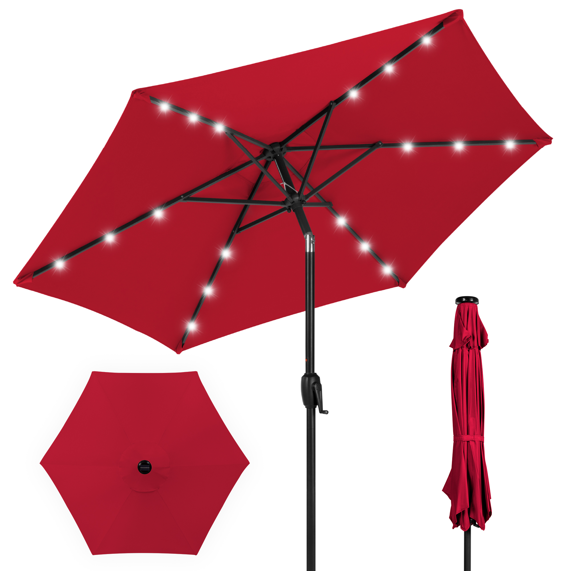 7.5ft Patio Umbrella w/ Solar LED Lights For Deck, Pool w/ Push Button Tilt & Easy Crank Lift - Red | Best Choice Products Online