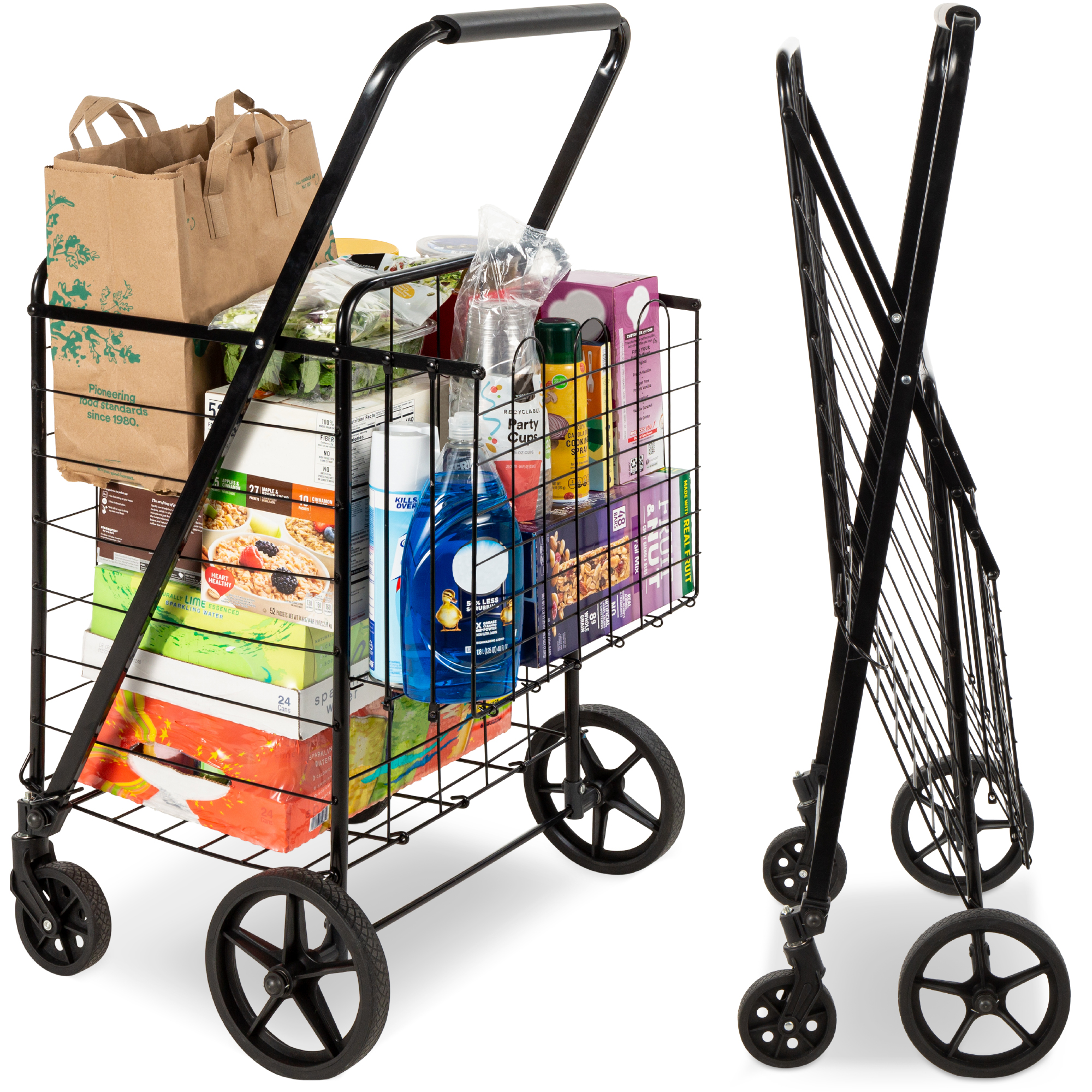 Grocery Cart 220lb Capacity, Steel Portable Foldable Basket For Shopping, Laundry w/ Swivel Wheels | Best Choice Products Online