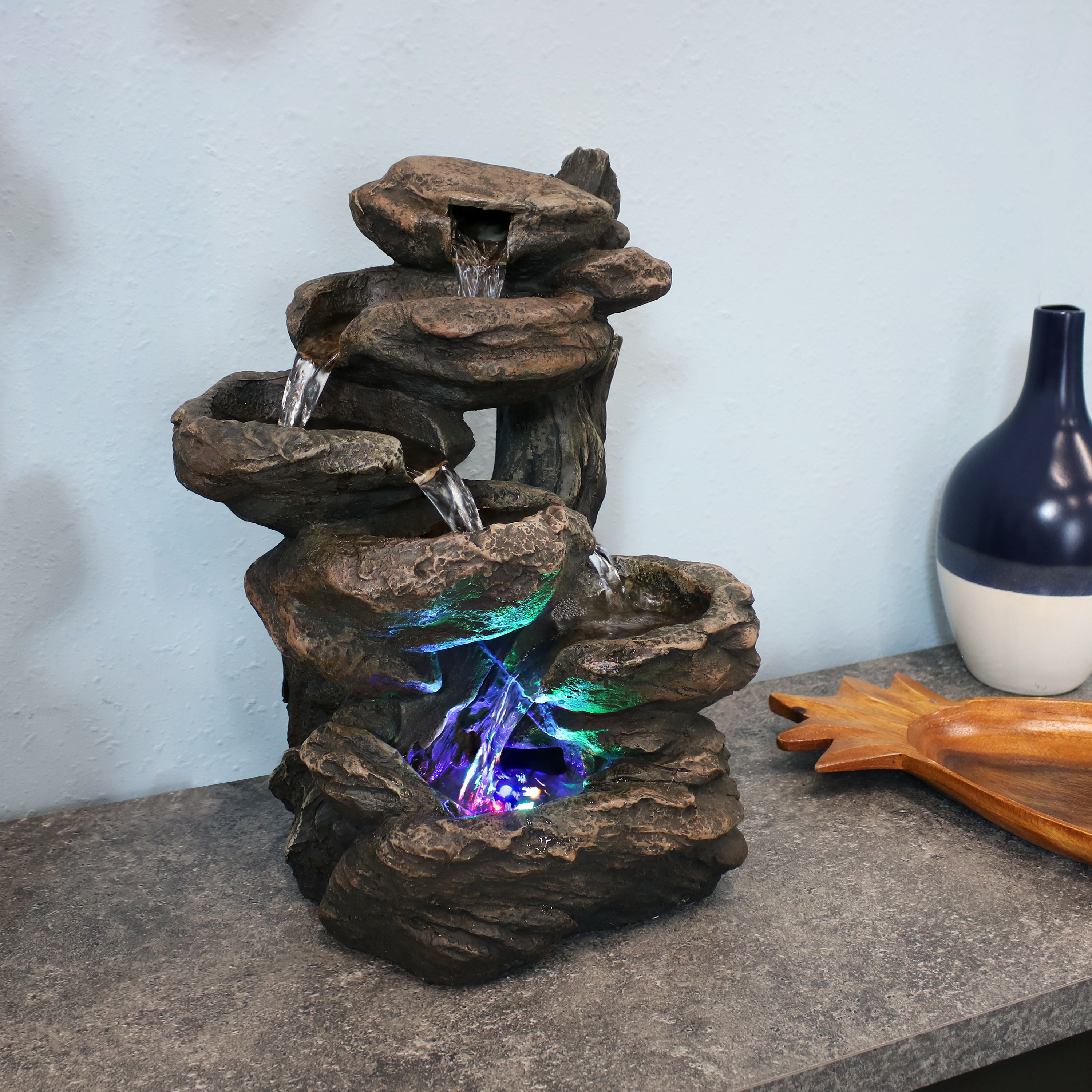 Sunnydaze Staggered Rock Falls Tabletop Water Fountain with LED Lights - 11-Inch