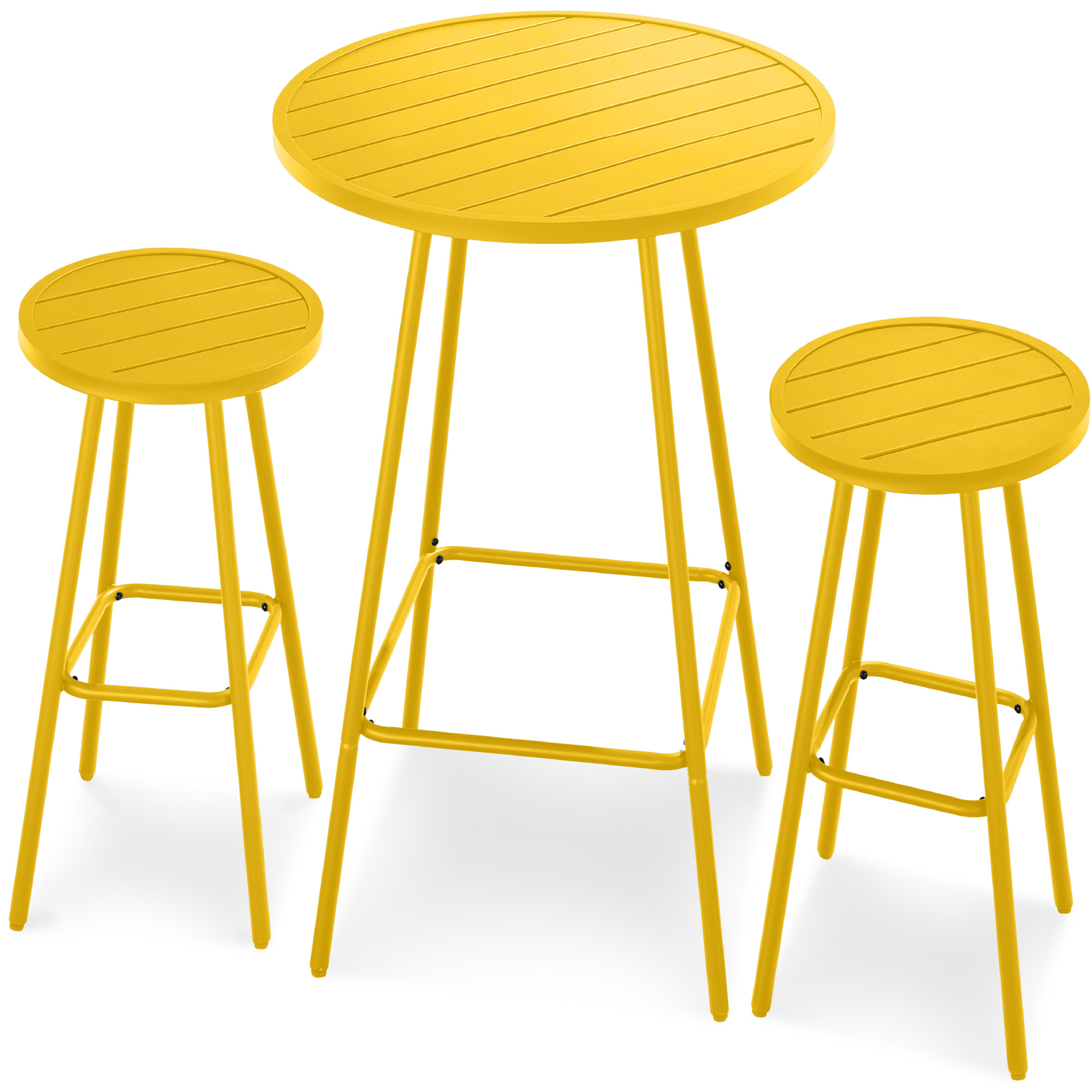 3-Piece Steel Patio Bar Height Round Bistro Set w/ Backless Stools, Slatted Design - Yellow - Best Choice Products Online