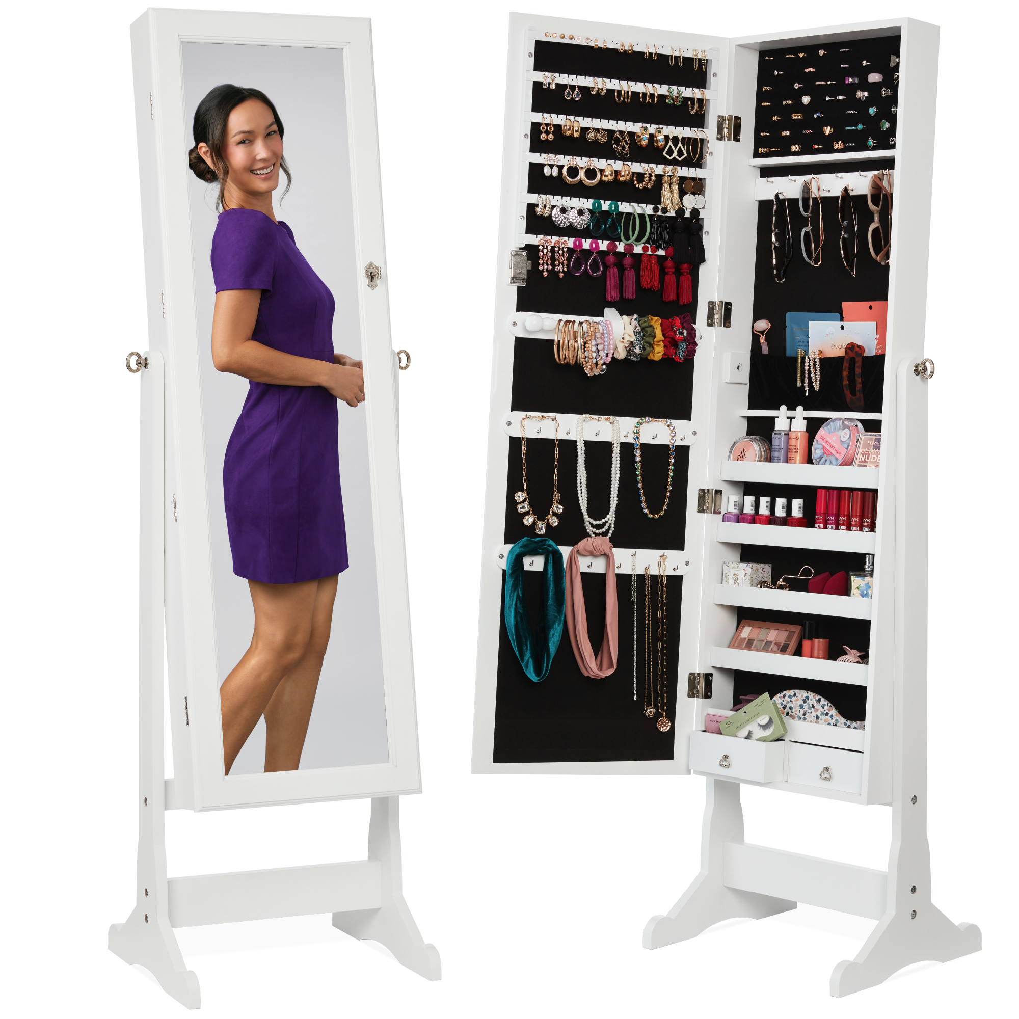 Standing Mirrored Jewelry Armoire Organizer, Lockable Full Length Storage Cabinet w/ Velvet Interior - White - Best Choice Products Online