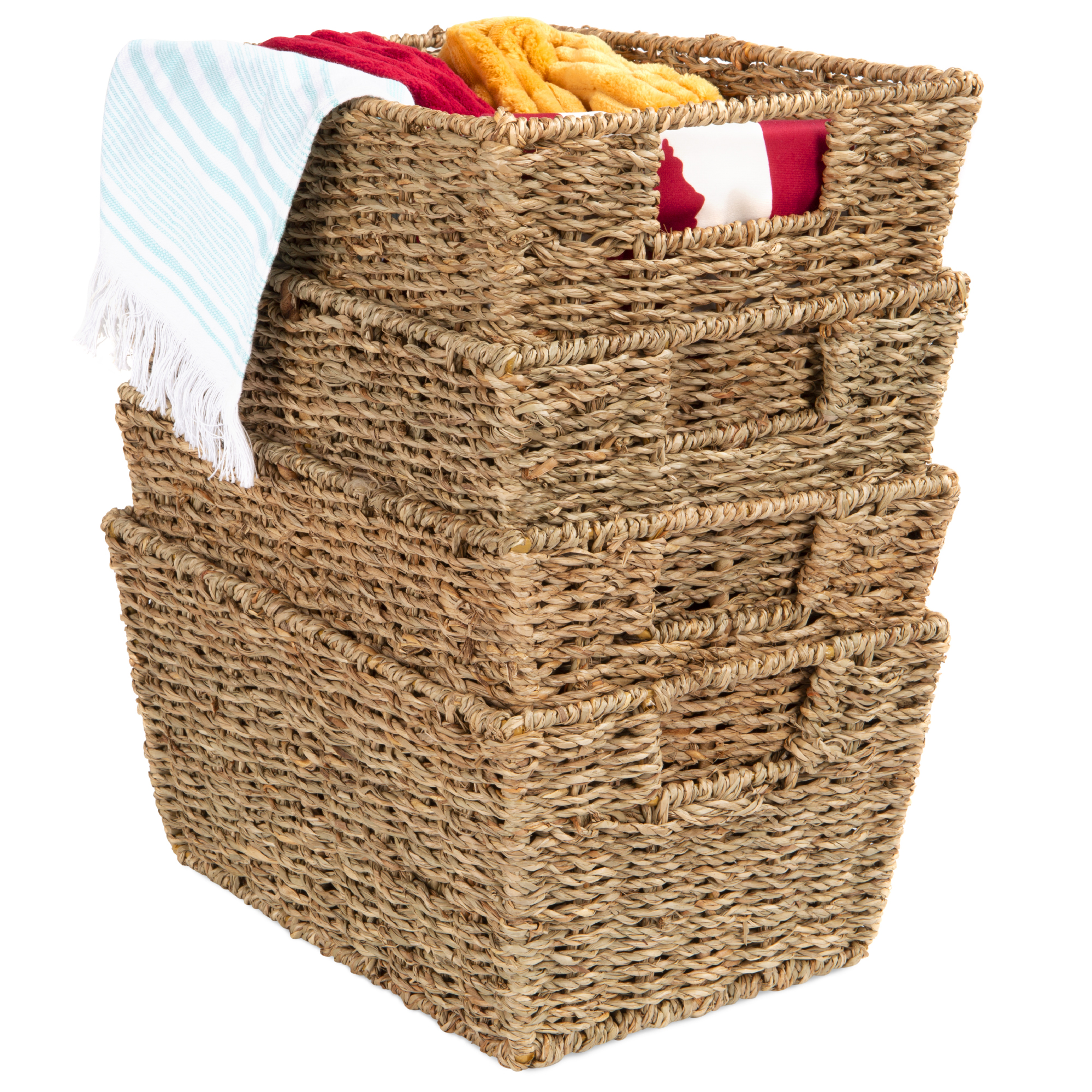 Set Of 4 Laundry Organizers, Multipurpose Stackable Seagrass Storage Baskets w/ Handles - Natural | Best Choice Products Online