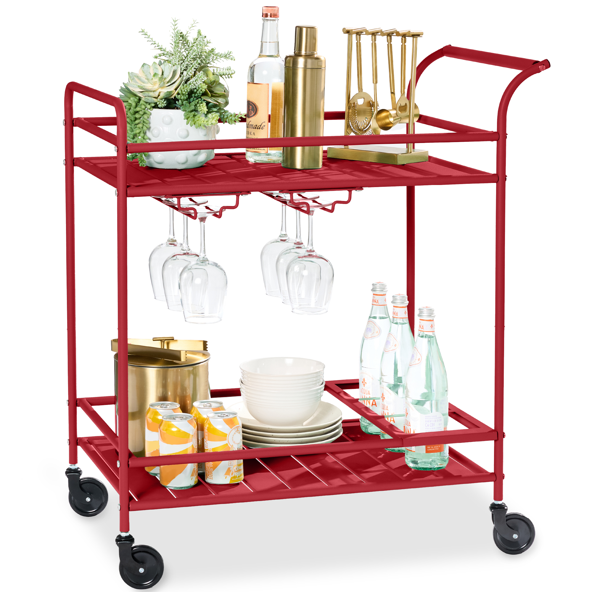 2-Tier Rolling Bar Cart Indoor/Outdoor w/ Storage Shelves, Wine Rack, Lockable Wheels - Red - Best Choice Products Online