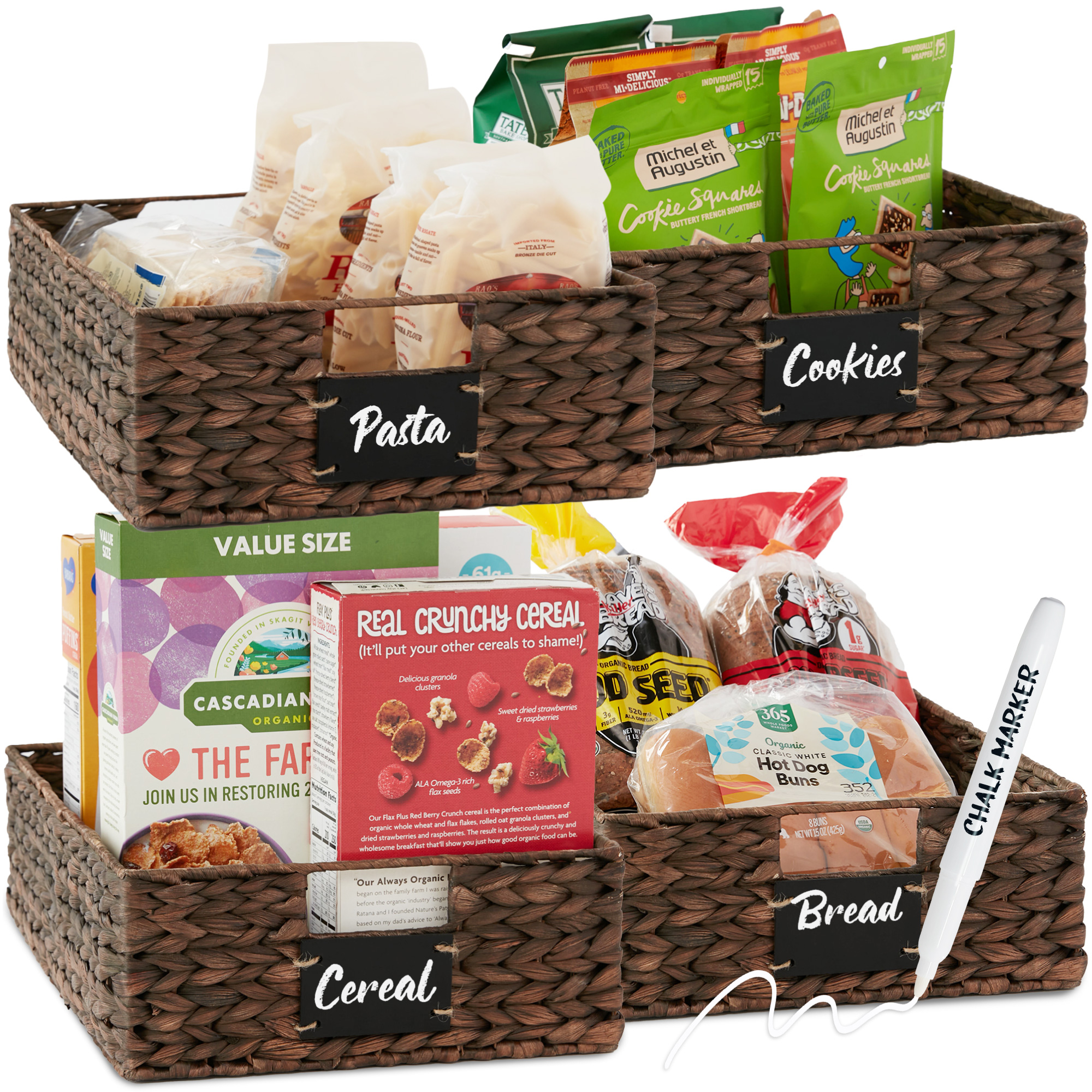 4 Woven Water Hyacinth Pantry Baskets w/ Chalkboard Label, Chalk Marker, 16x12in - Brown - Best Choice Products Online