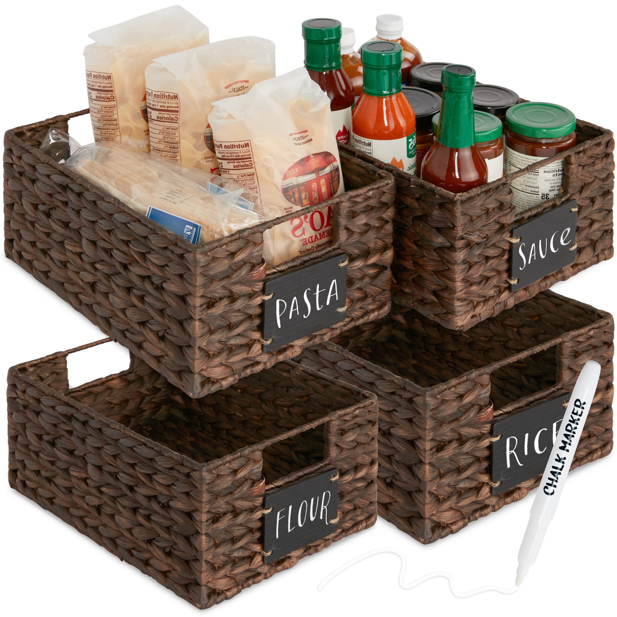 4 Woven Water Hyacinth Pantry Baskets w/ Chalkboard Label, Chalk Marker, 12in - Brown - Best Choice Products Online
