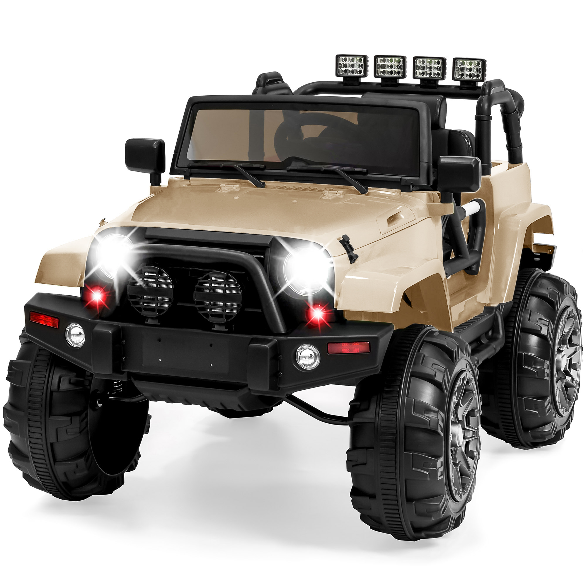 Large Ride On Truck 12V Electric Driving Car Toy For Kids w/ Parental Remote Control, Bluetooth, LED Lights - Sand - Best Choice Products