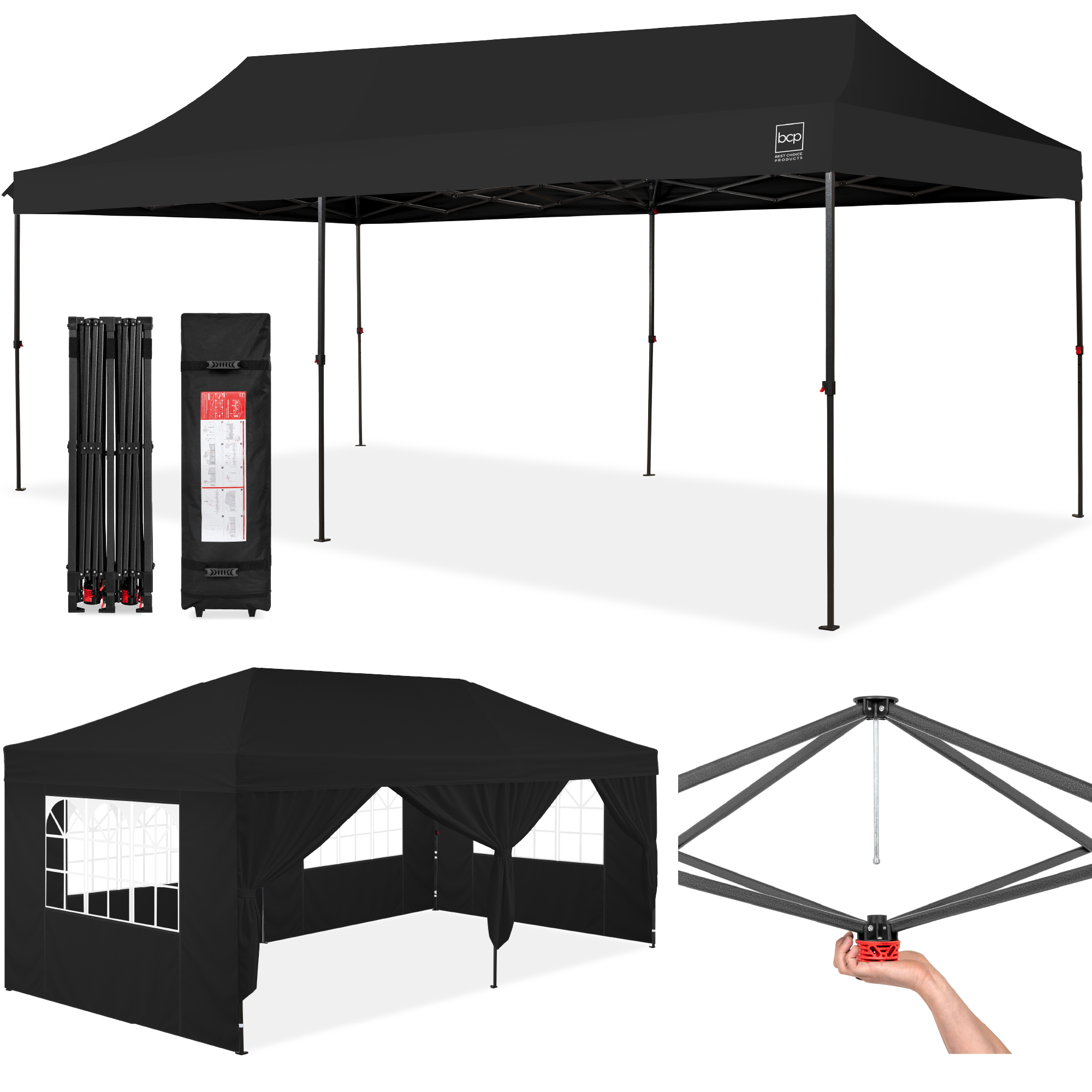 10x20ft Party Tent Pop Up Canopy Easy Setup w/ 1-Button Setup, Wheeled Case, 4 Weight Bags - Black - Best Choice Products Online