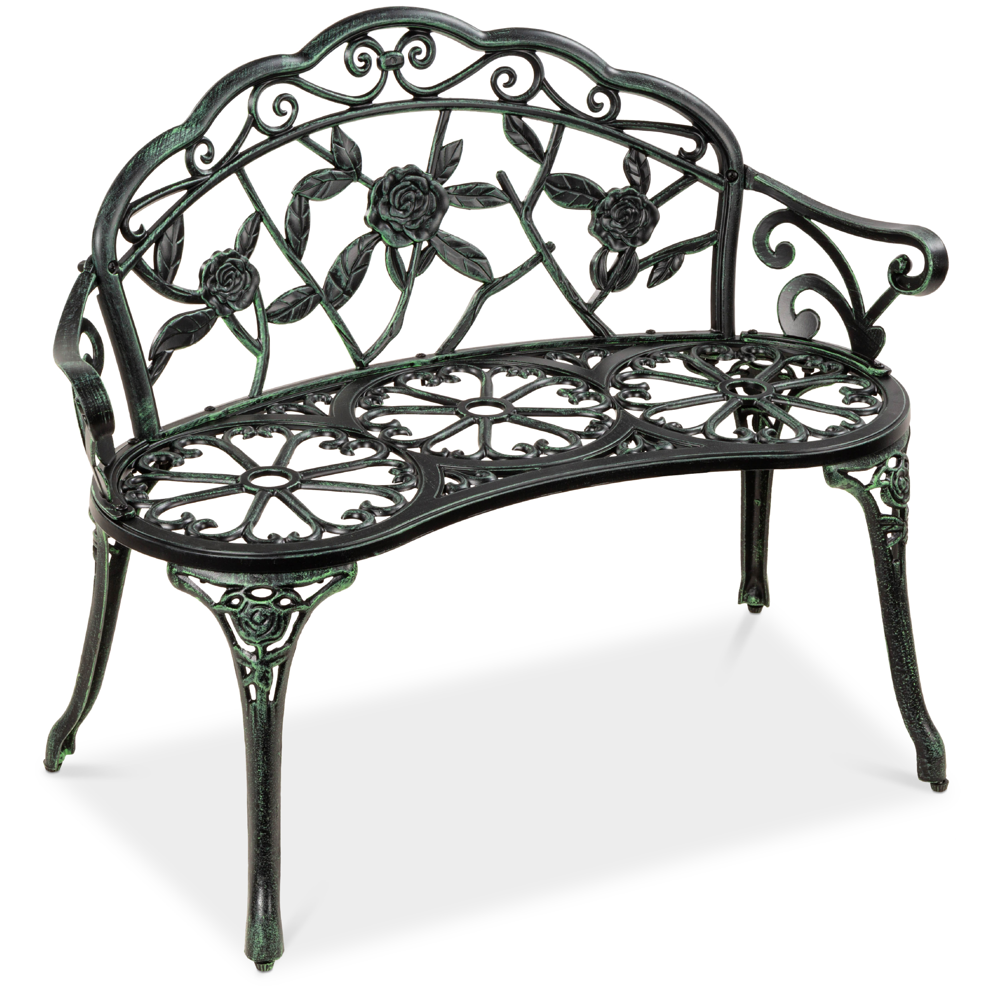 Steel Garden Bench For Outdoor, Patio, Park w/ Floral Rose Accent, Antique Finish - 39in, Black/Green | Best Choice Products Online