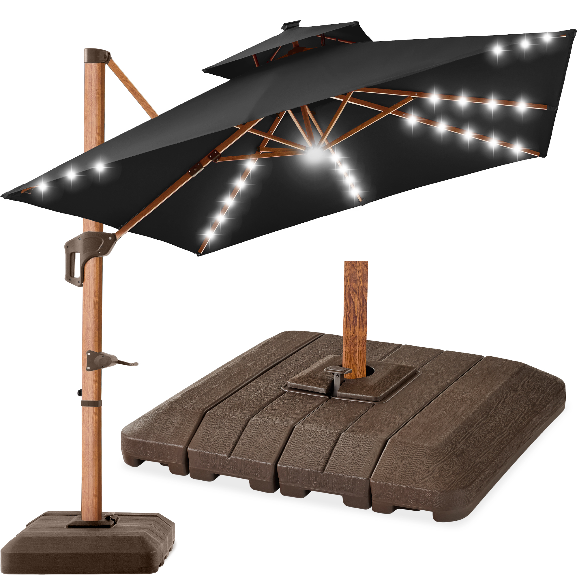 10ft Square Woodgrain Pattern 2-Tier Outdoor Solar LED Cantilever Umbrella w/ Base - Black - Best Choice Products Online