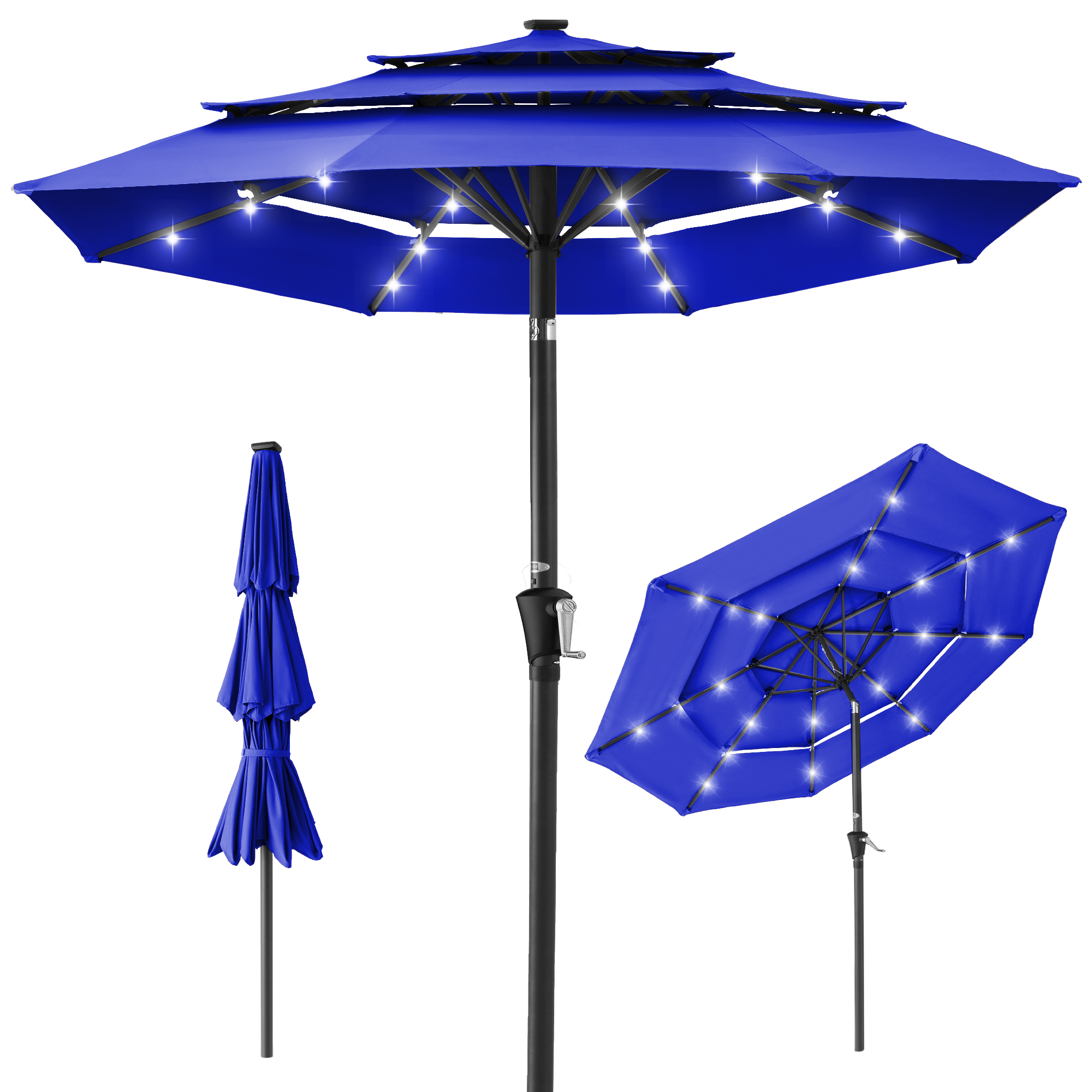 10ft 3-Tier Solar Patio Umbrella w/ 24 LED Lights, Tilt Adjustment, Easy Crank - Resort Blue - Best Choice Products Online