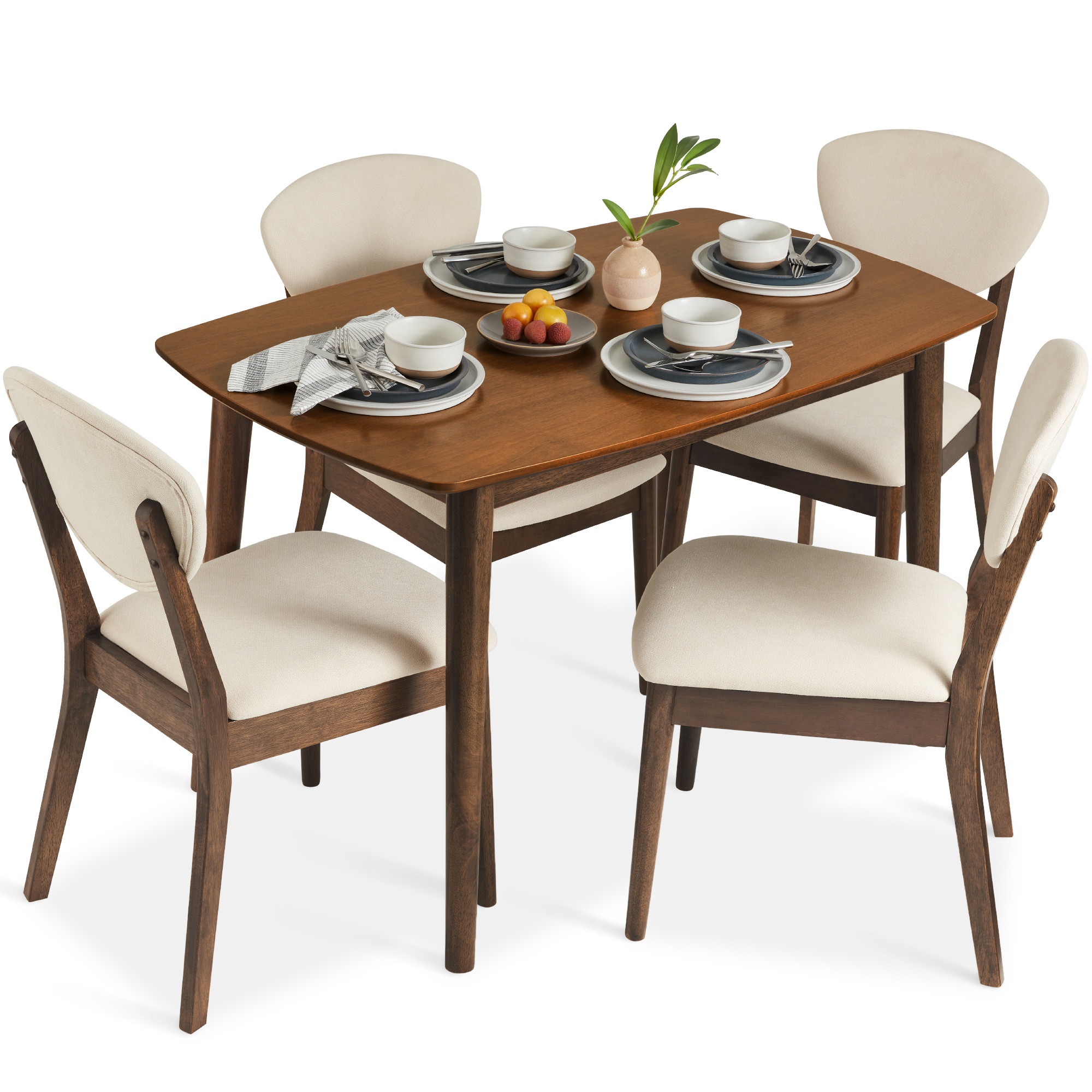 Compact 5-Piece Wooden Mid-Century Modern Dining Set w/ 4 Chairs, Padded Seat & Back - Brown/White - Best Choice Products Online
