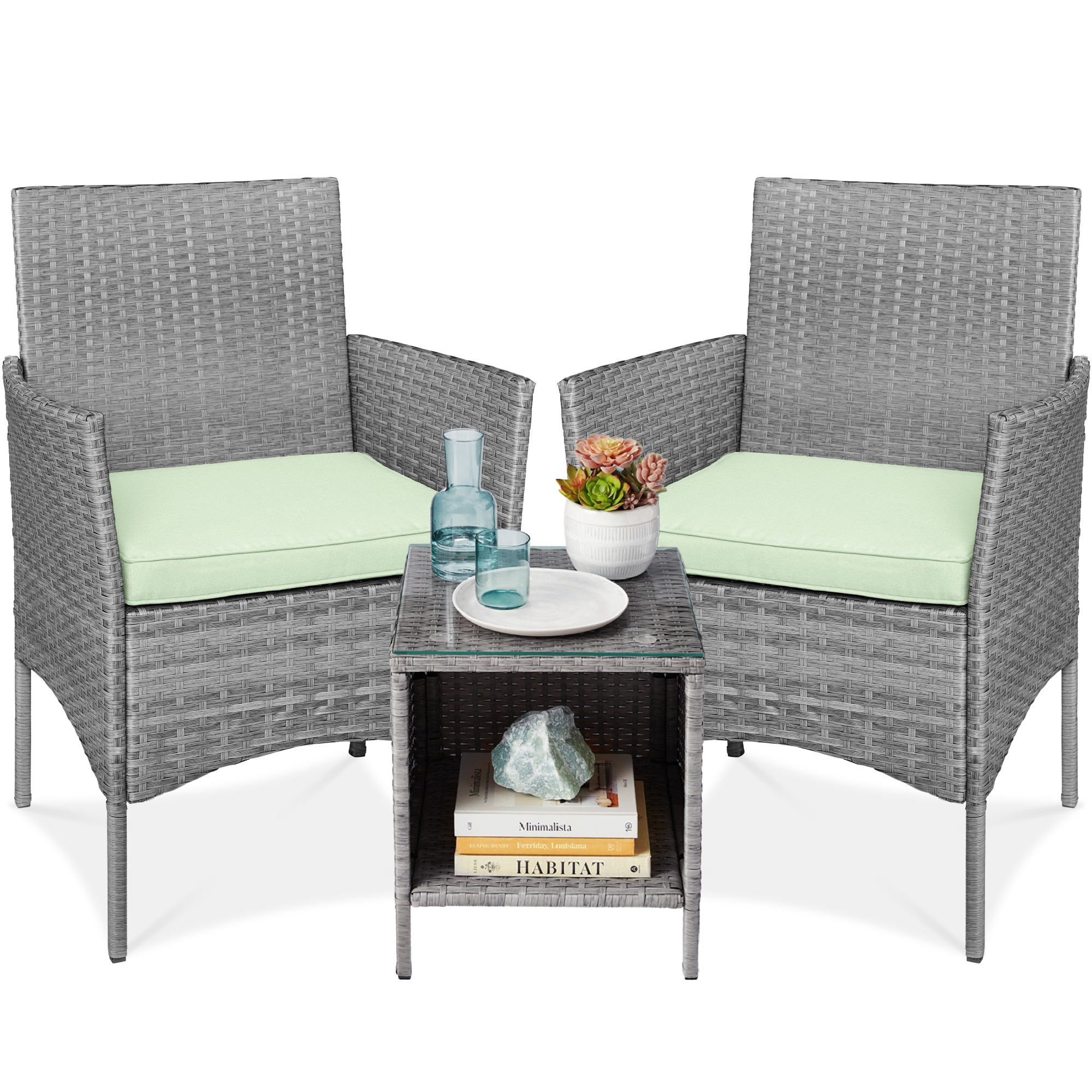 3-Piece Outdoor Wicker Conversation Bistro Set, Patio Chat Furniture w/ Side Storage Table - Gray/Light Mint - Best Choice Products Online