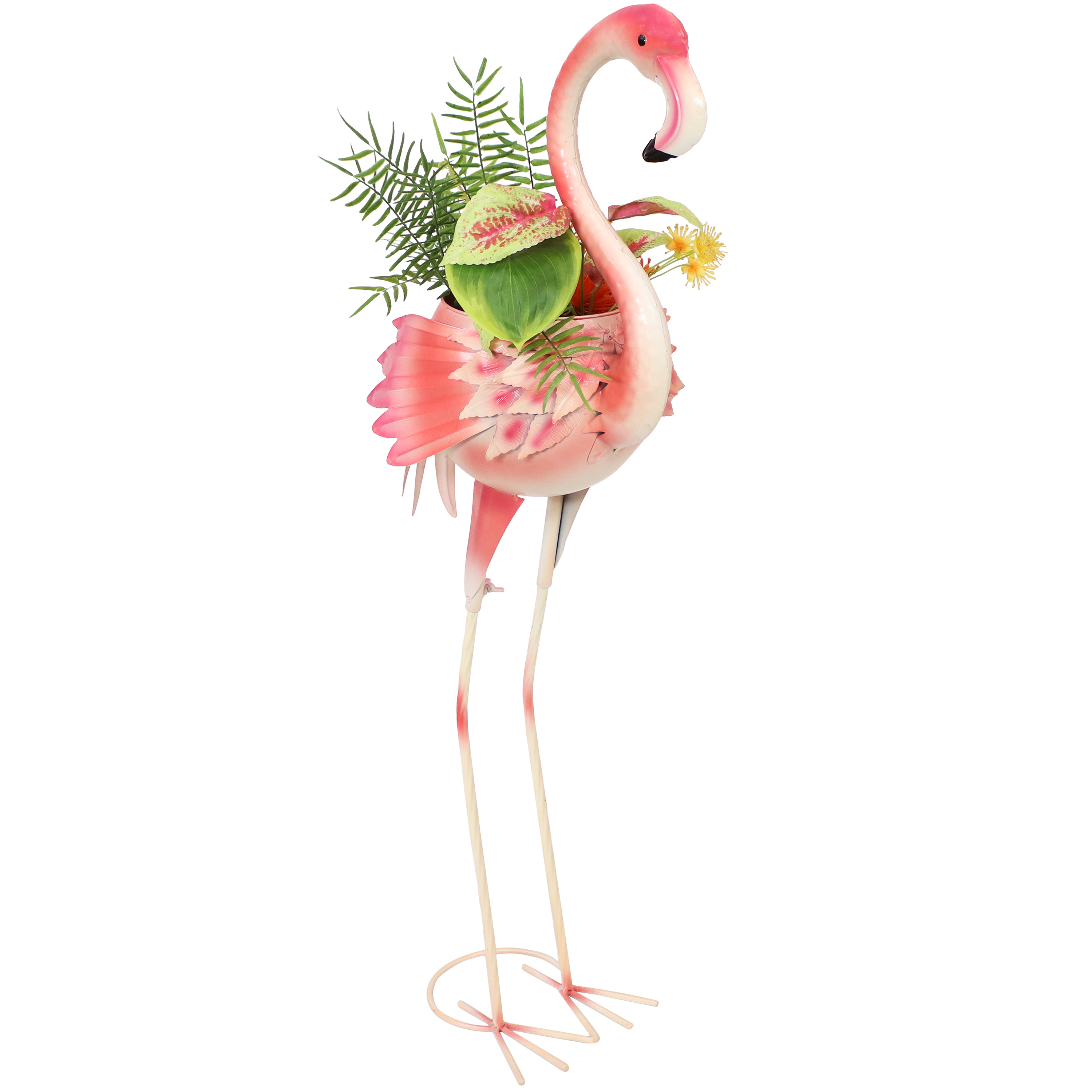 Sunnydaze Pink Flamingo Metal Outdoor Garden Statue with Flowerpot - 36-Inch