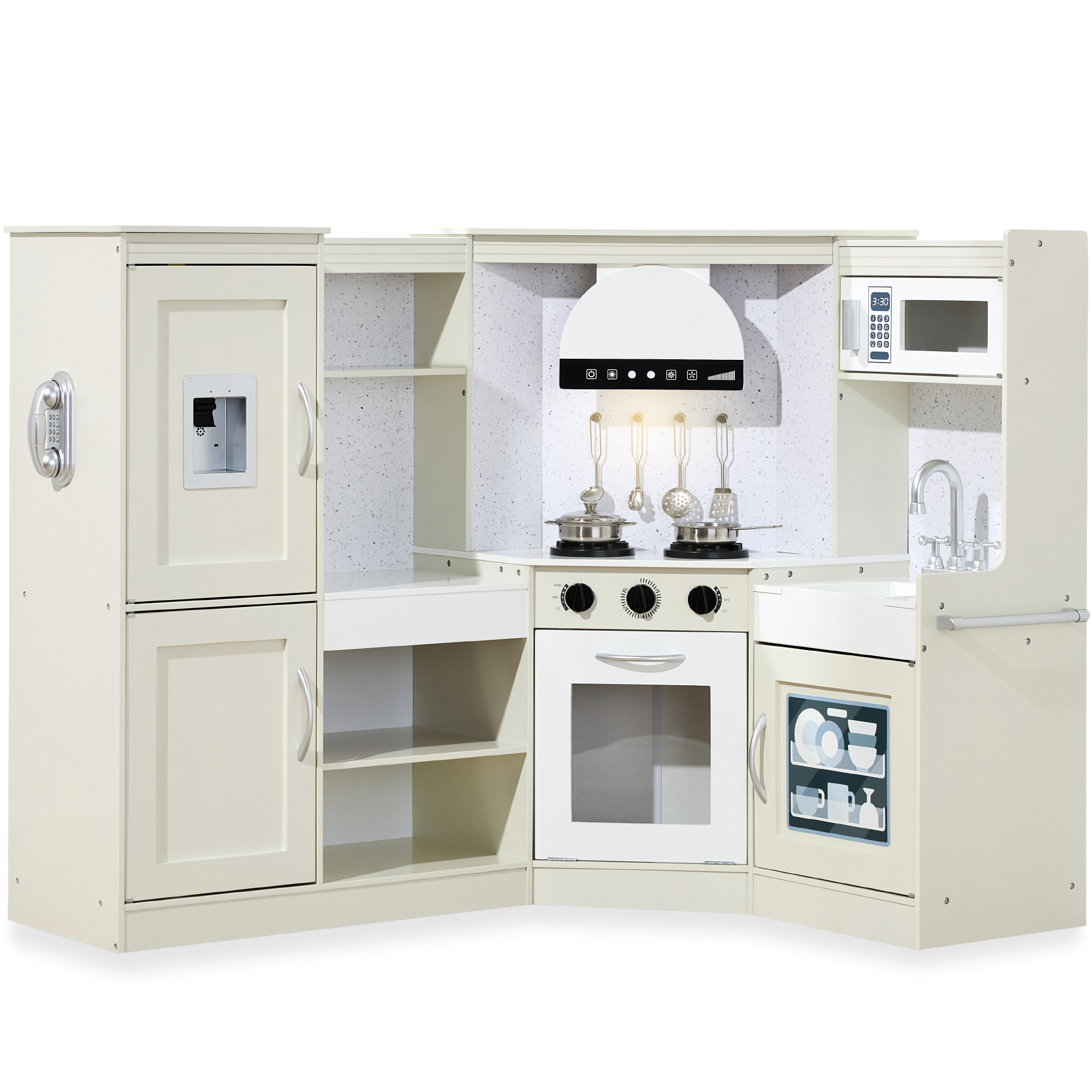 Pretend Play Corner Kitchen, Ultimate Wooden Toy Set For Kids w/ 6 Accessories - Cream - Best Choice Products Online