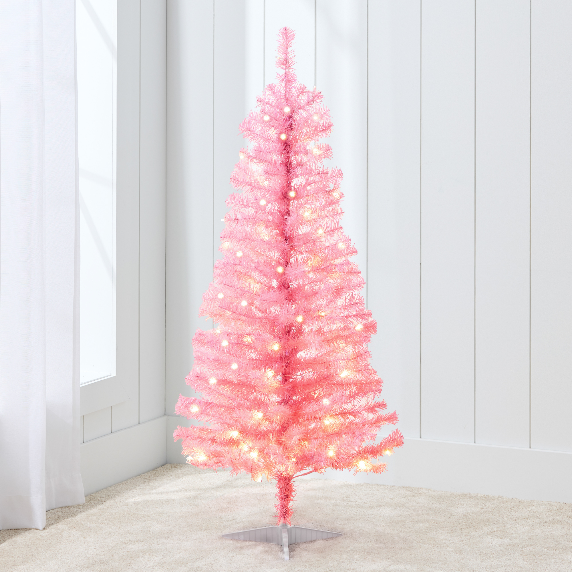 4ft Pre-Lit Pink Tinsel Christmas Tree, Artificial Tree Holiday Decor w/ LED Lights - Best Choice Products Online