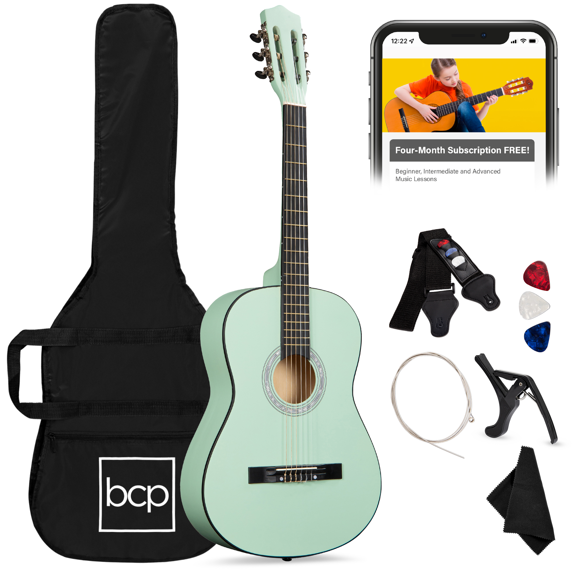38in Beginner Acoustic Guitar Starter Kit w/ Case, Strap, Digital Tuner, Pick, Strings - SoCal Green