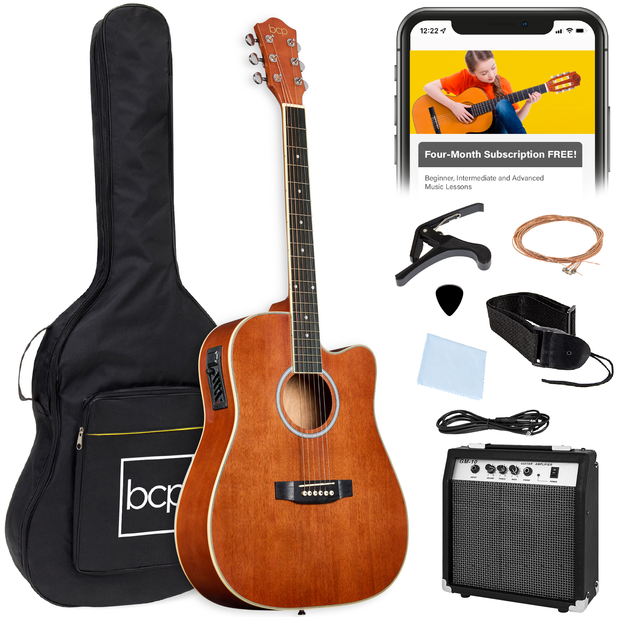 Beginner Acoustic Electric Guitar Starter Set 41in w/ Wood Cutaway Design, Gig Bag - Mahogany - Best Choice Products Online