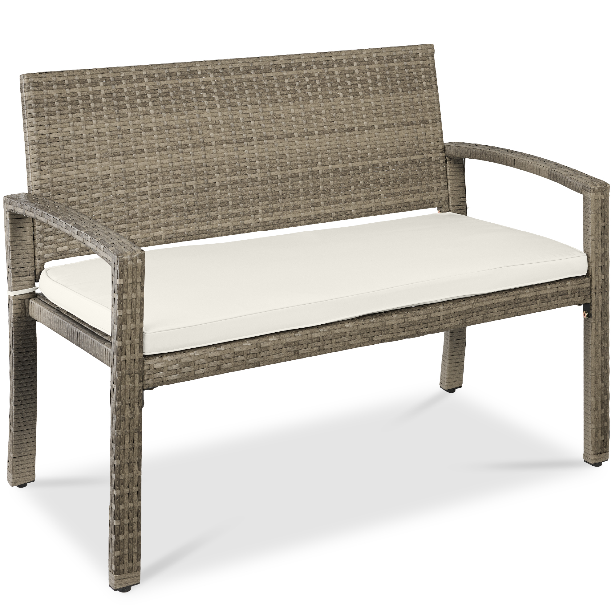 2-Person Wicker Bench, Outdoor Patio Garden Porch Furniture w/ 700lb Capacity, Cushion - White Sand/Taupe - Best Choice Products Online