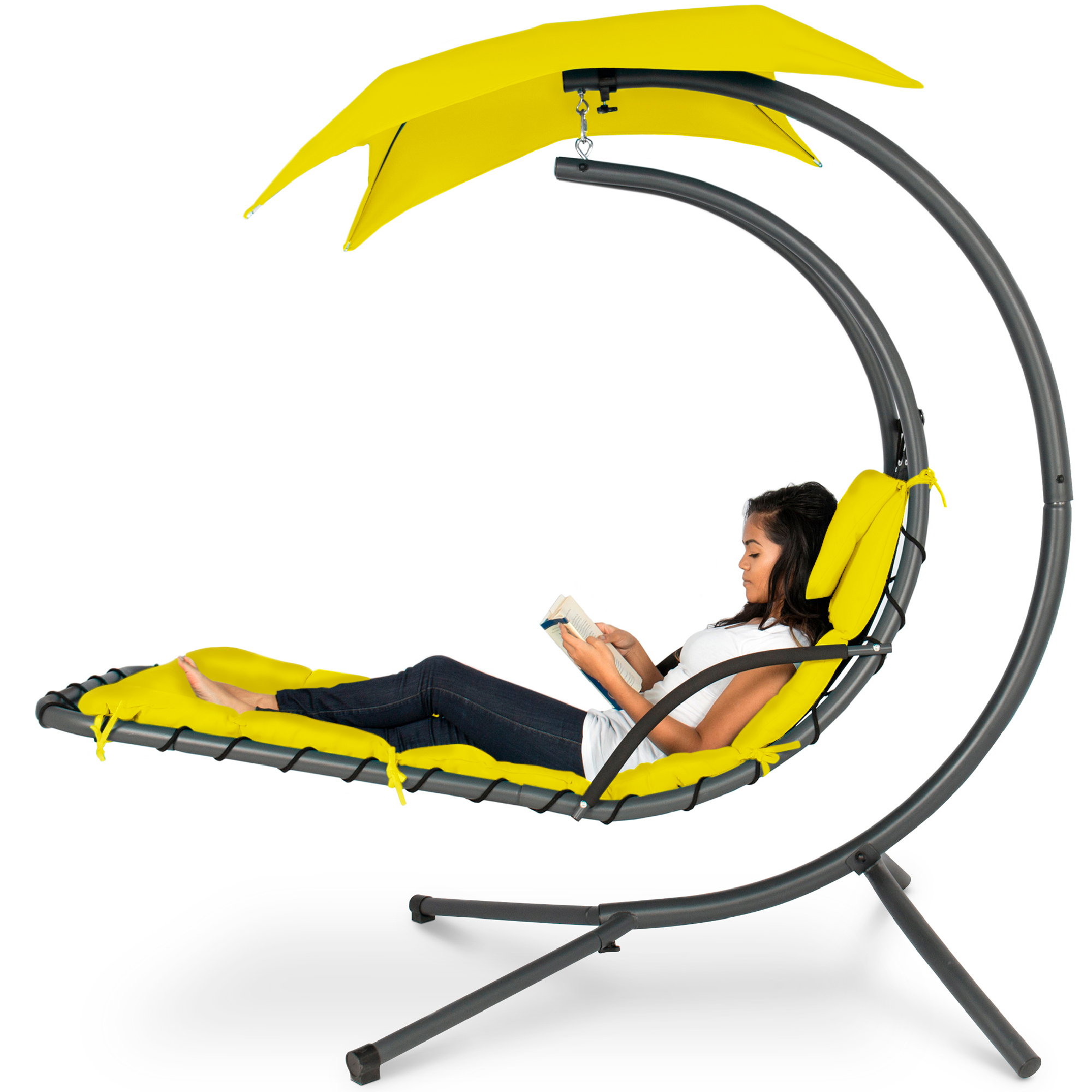 Hanging Curved Chaise Lounge Chair Swing For Backyard, Patio w/ Pillow, Canopy, Stand - Yellow - Best Choice Products Online