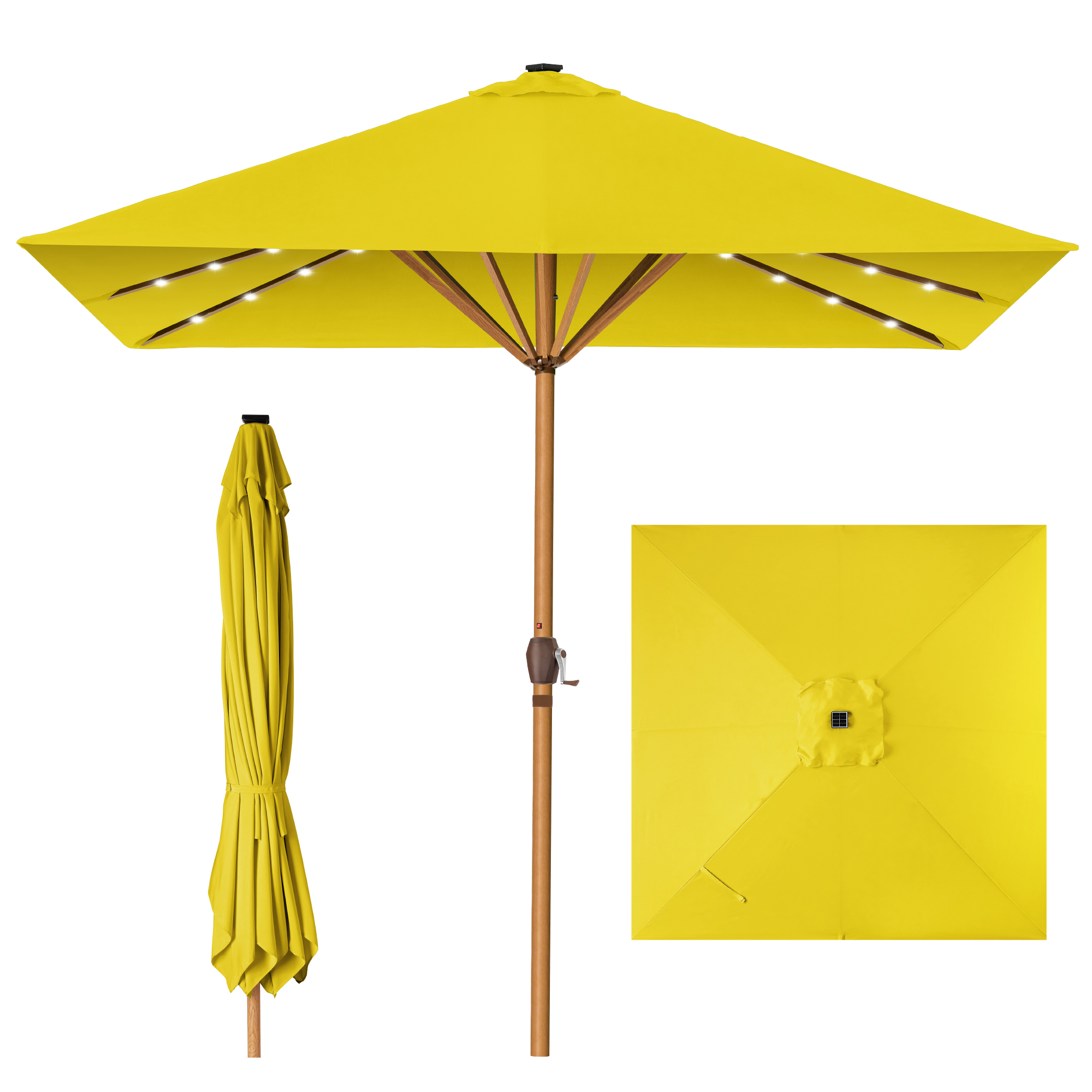 9ft Deep Square Solar LED Lighted Patio Umbrella w/ Faux Wood Texture, UV-Resistant - Yellow - Best Choice Products Online
