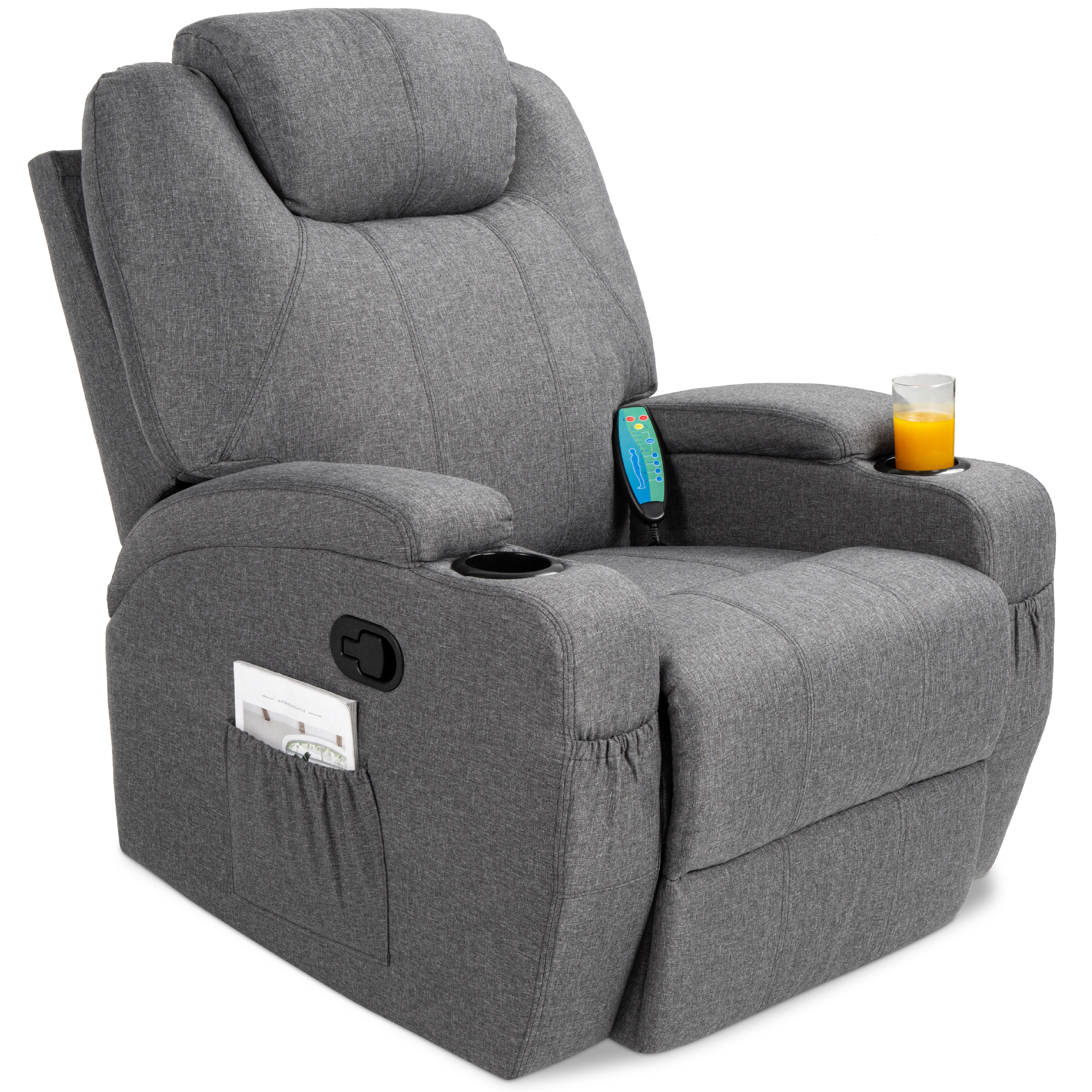 Executive Swivel Massage Recliner Chair w/ Remote Control, 5 Modes, 2 Cup Holders, Gray Linen Fabric - Best Choice Products Online