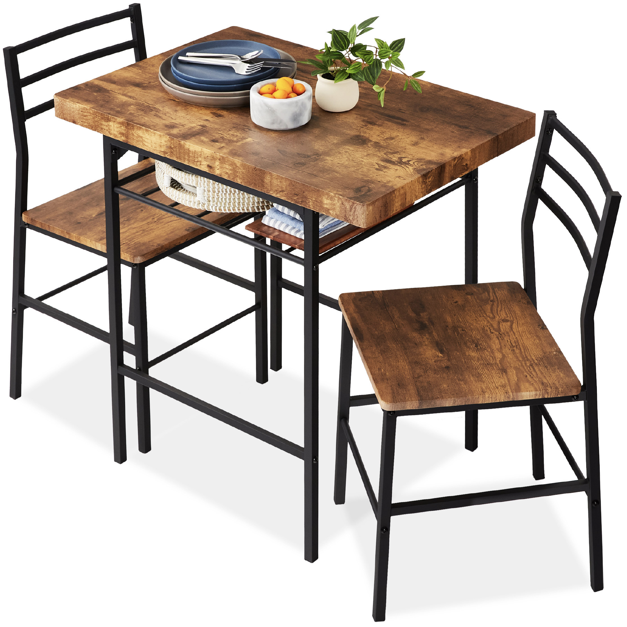 3-Piece Modern Dining Set, Square Table & Chairs Set w/ Steel Frame, Built-In Storage Rack - Brown - Best Choice Products Online
