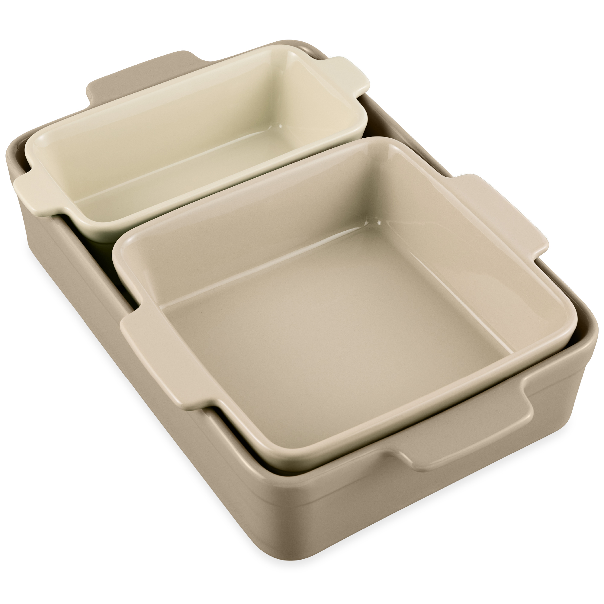 Ceramic Nesting Bakeware Set of 3 Casserole, Loaf & Square Baking Dishes w/ Handles - Mushroom Beige - Best Choice Products Online