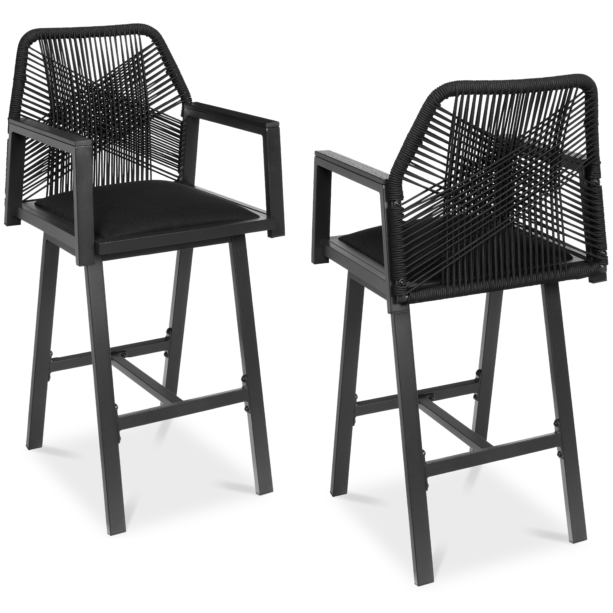Set of 2 Indoor/Outdoor Aluminum, Woven Rope Swivel Barstools w/ Armrests - Black/Obsidian - Best Choice Products Online