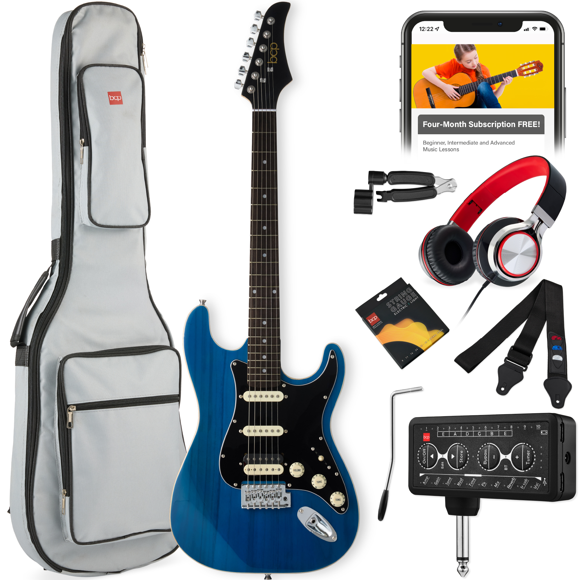 Beginner HSS Electric Guitar Kit w/ Headphone Amp, Gig-Bag, Headphones - Midnight Blue/Black - Best Choice Products Online