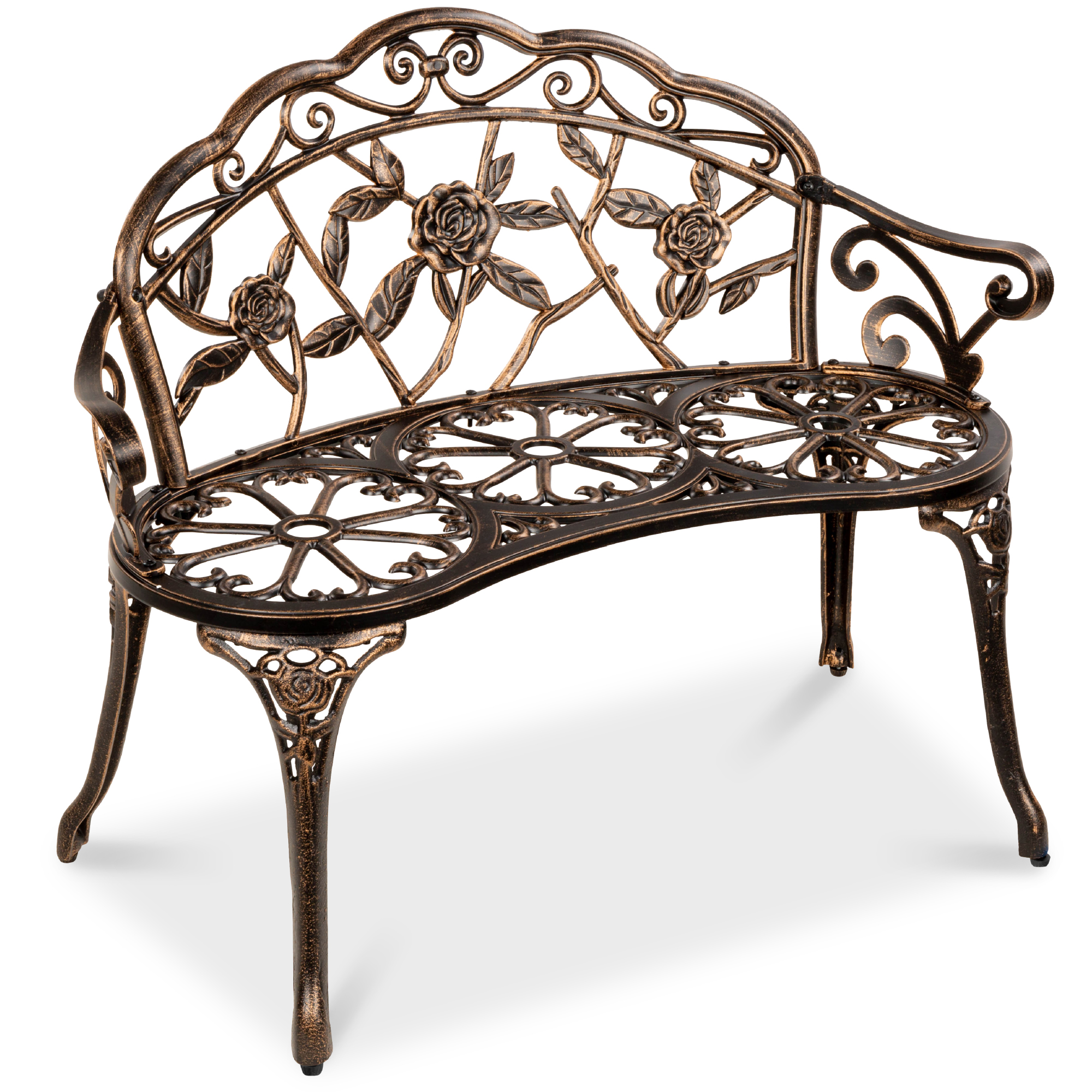 Steel Garden Bench For Outdoor, Patio, Park w/ Floral Rose Accent, Antique Finish - 39in, Bronze | Best Choice Products Online
