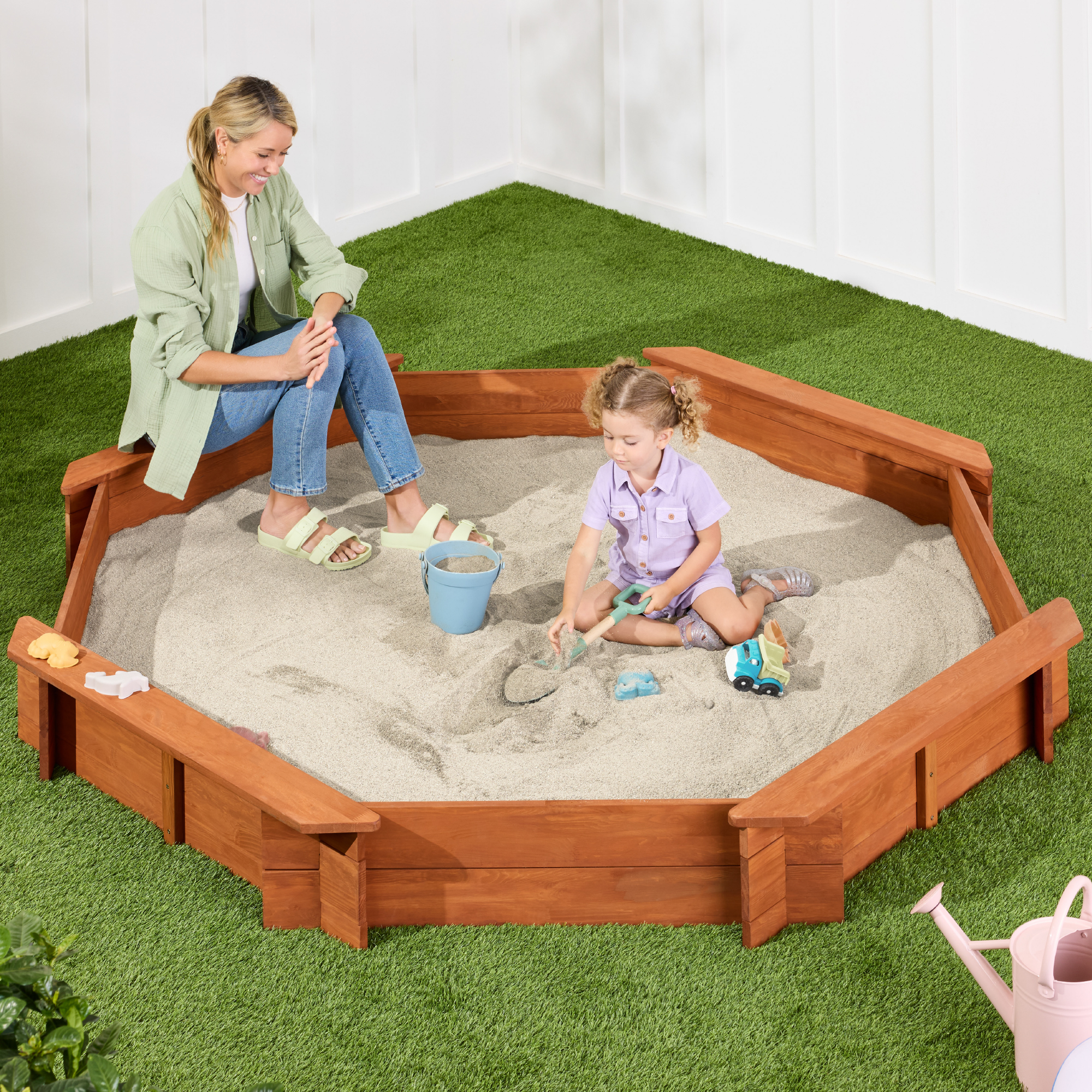Kids Octagonal Wooden Outdoor Sandbox w/ Benches, 8 Seats, Cover, XL Sandpit, Liner - Brown - Best Choice Products Online