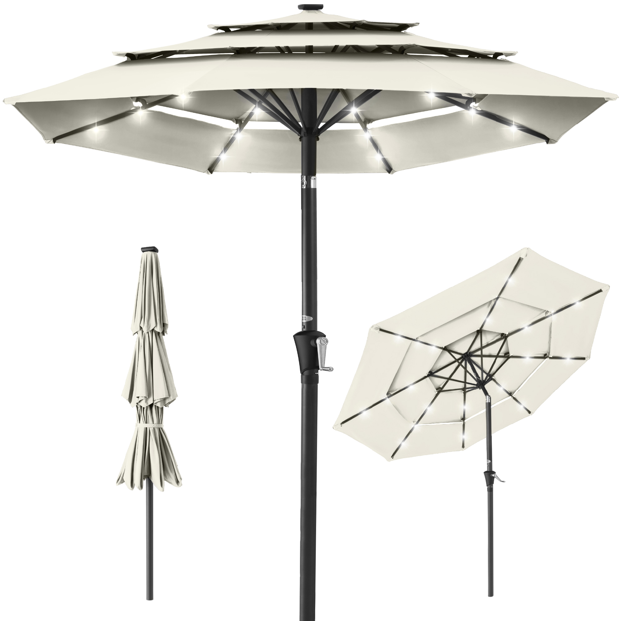 10ft 3-Tier Solar Patio Umbrella w/ 24 LED Lights, Tilt Adjustment, Easy Crank - Cream - Best Choice Products Online
