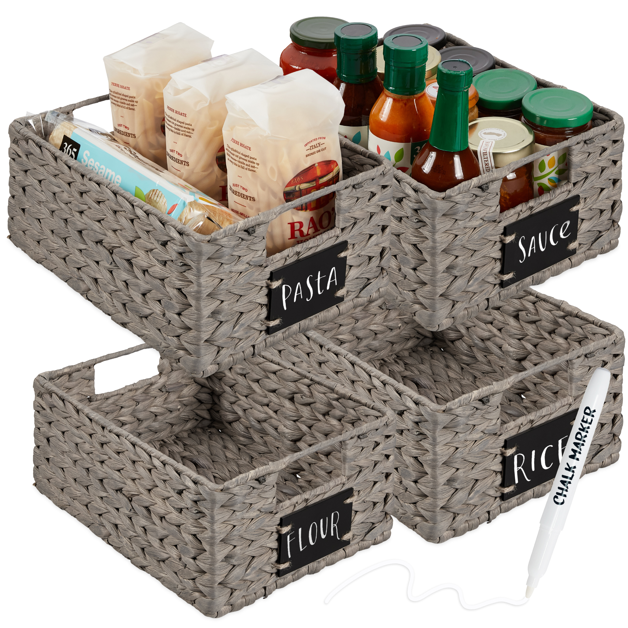 4 Woven Water Hyacinth Pantry Baskets w/ Chalkboard Label, Chalk Marker, 12in - Gray - Best Choice Products Online