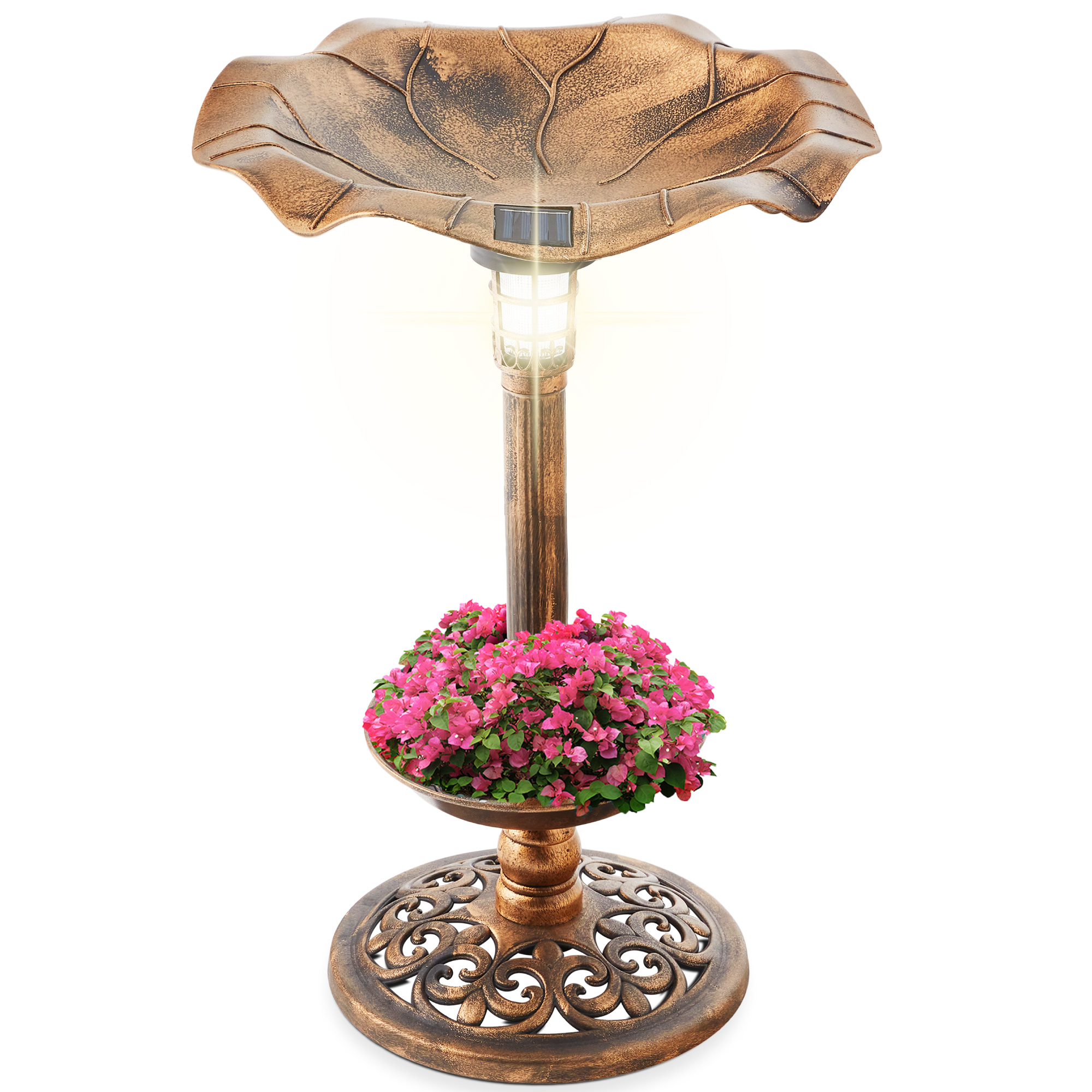 Solar Lighted Pedestal Bird Bath w/ Planter, Integrated Panel - Bronze | Best Choice Products Online