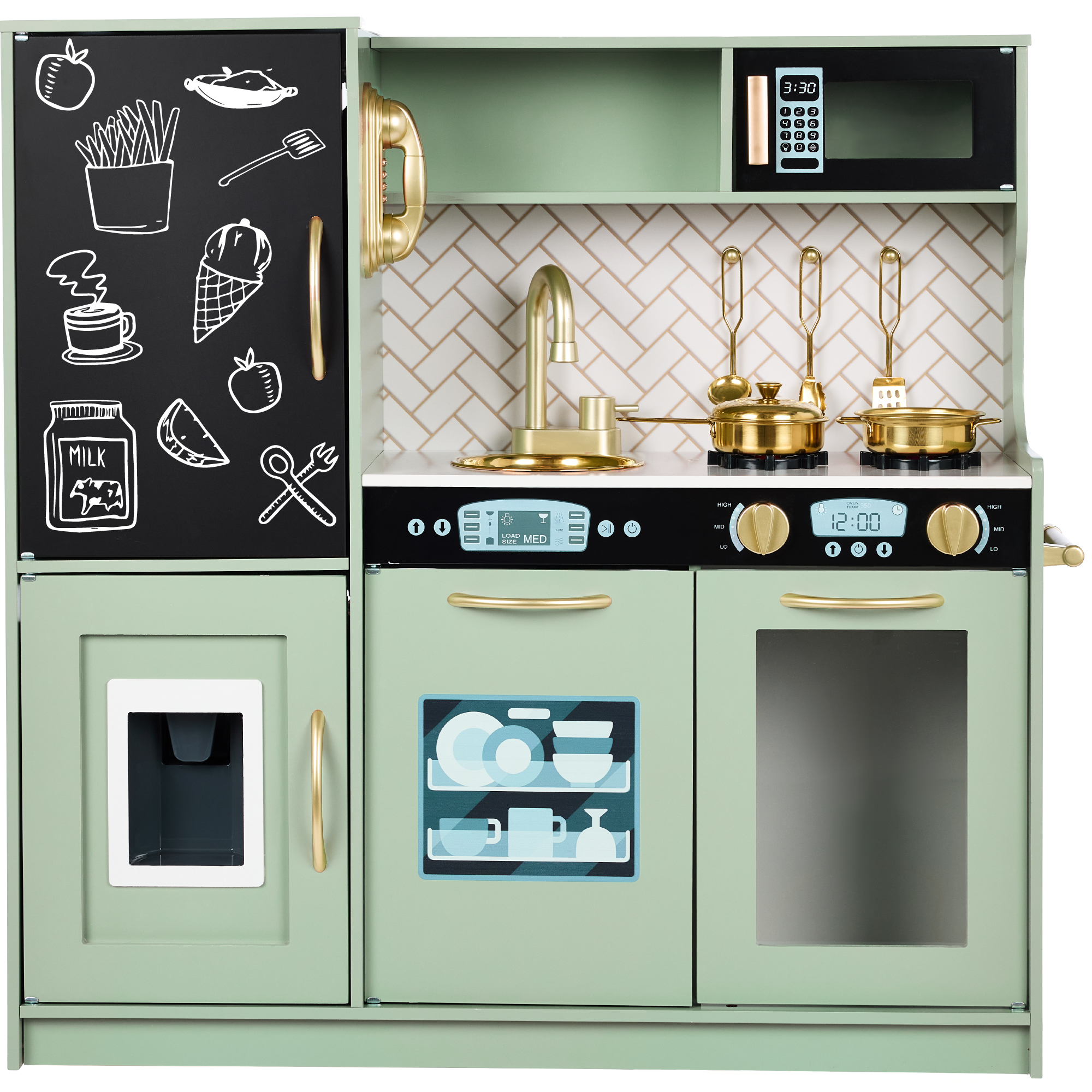 Pretend Play Kitchen Wooden Toy Set for Kids w/ Telephone, Utensils, Oven, Microwave - Sage - Best Choice Products Online