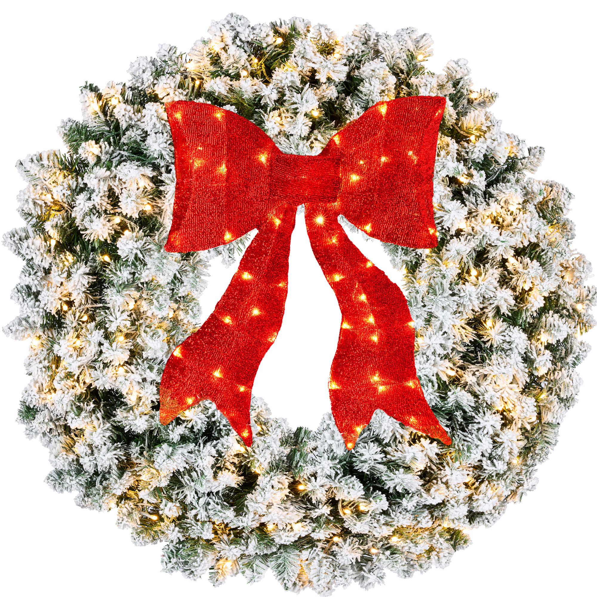 60in Artificial Pre-Lit Flocked Fir Christmas Wreath Decor w/ Red Bow, 375 LED Lights, 900 Tips - Best Choice Products Online