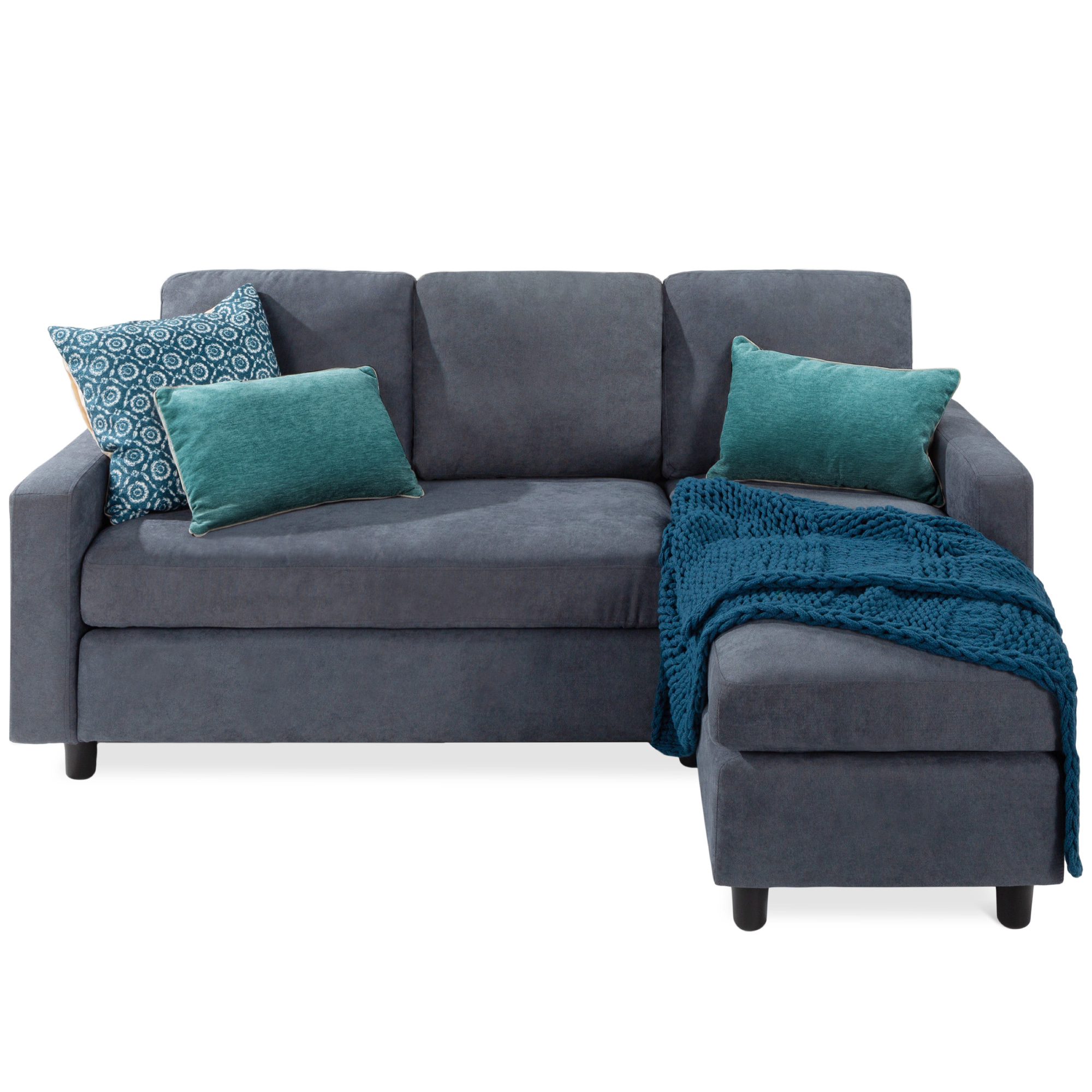 Upholstered Sectional Sofa Couch w/ Chaise Lounge, 3-Seat Design, Ottoman Bench - Blue/Gray - Best Choice Products Online