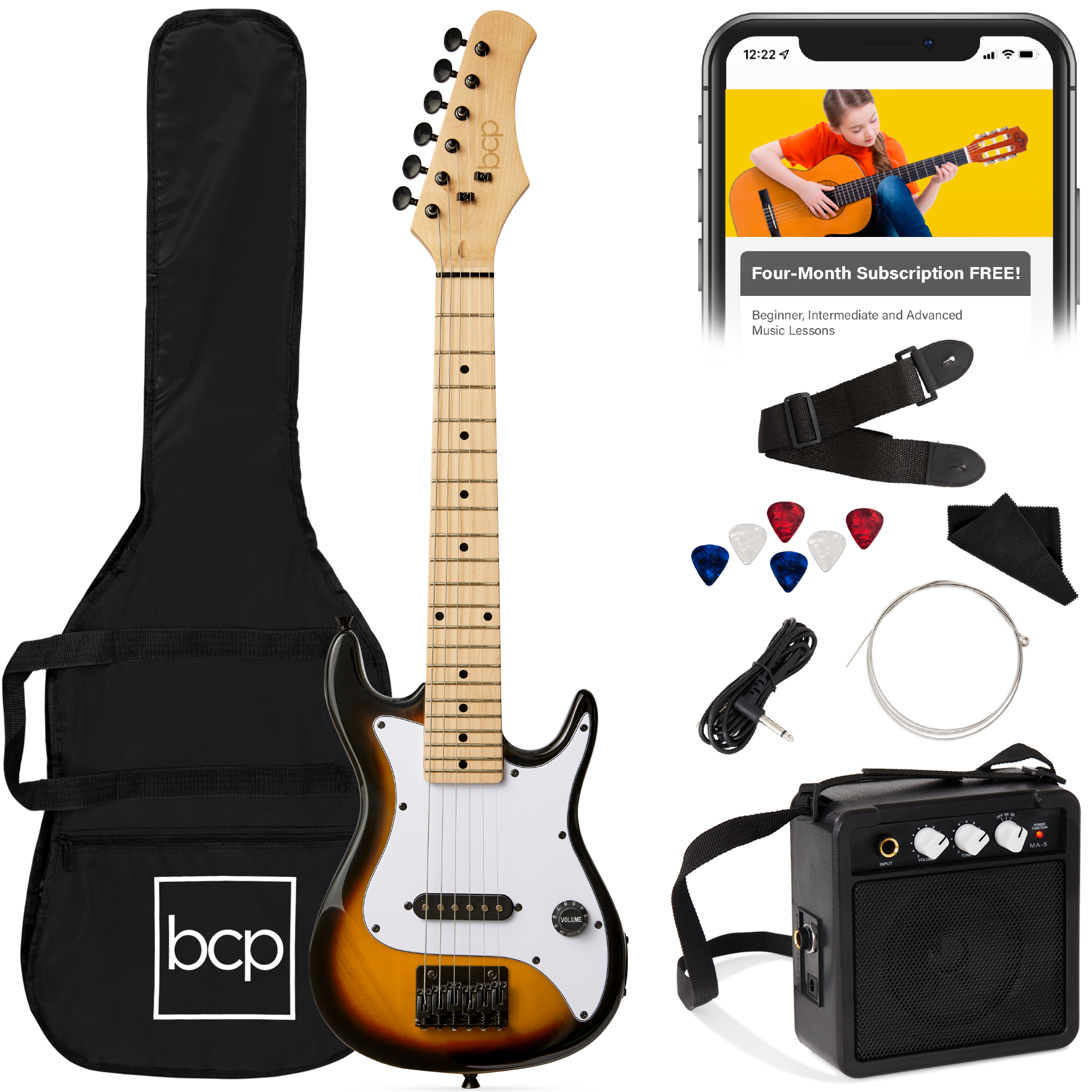 30in Kids Electric Guitar Beginner Starter Kit w/ 5W Amplifier, Strap, Case, Strings, Picks - Sunburst - Best Choice Products Online