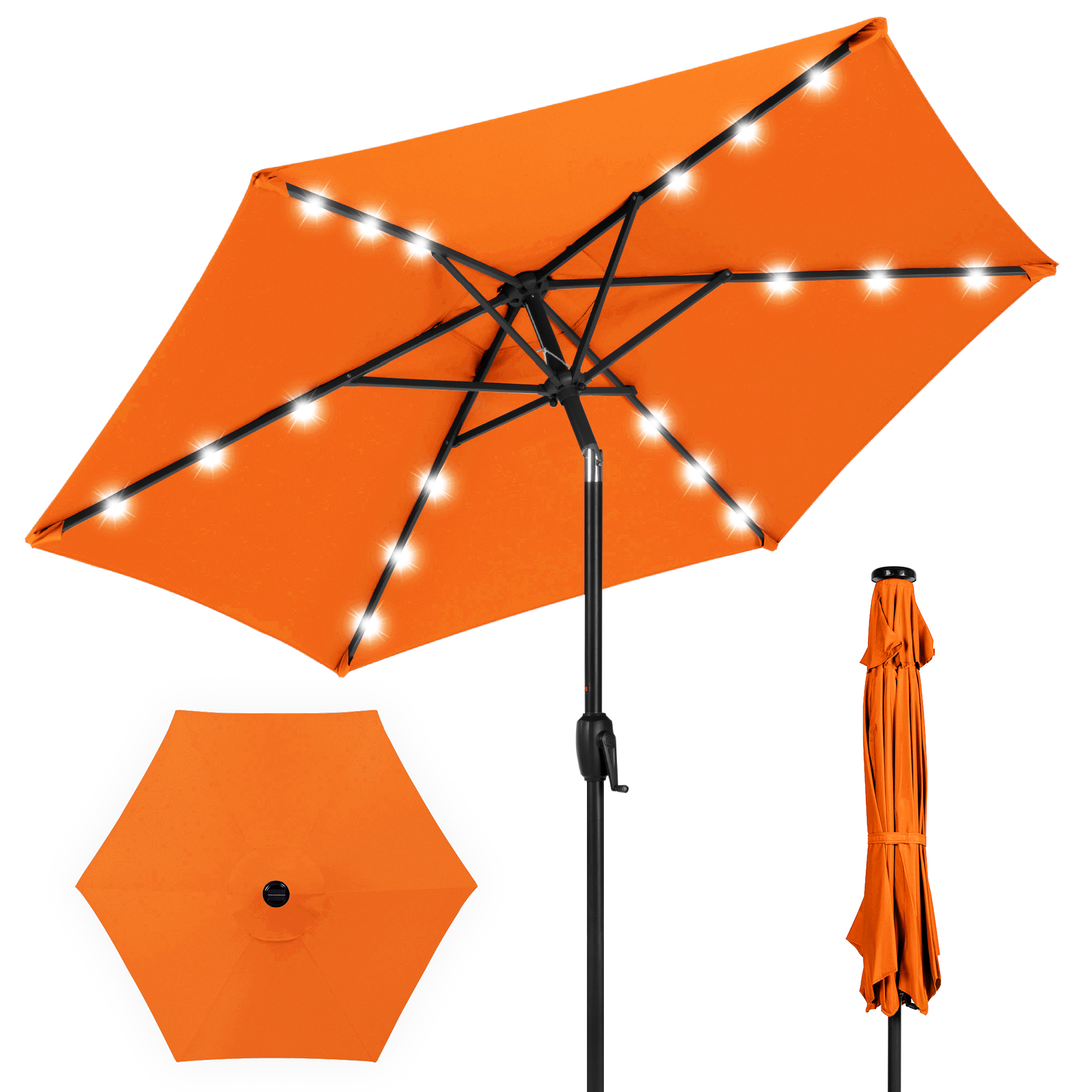 7.5ft Patio Umbrella w/ Solar LED Lights For Deck, Pool w/ Push Button Tilt & Easy Crank Lift - Orange - Best Choice Products Online
