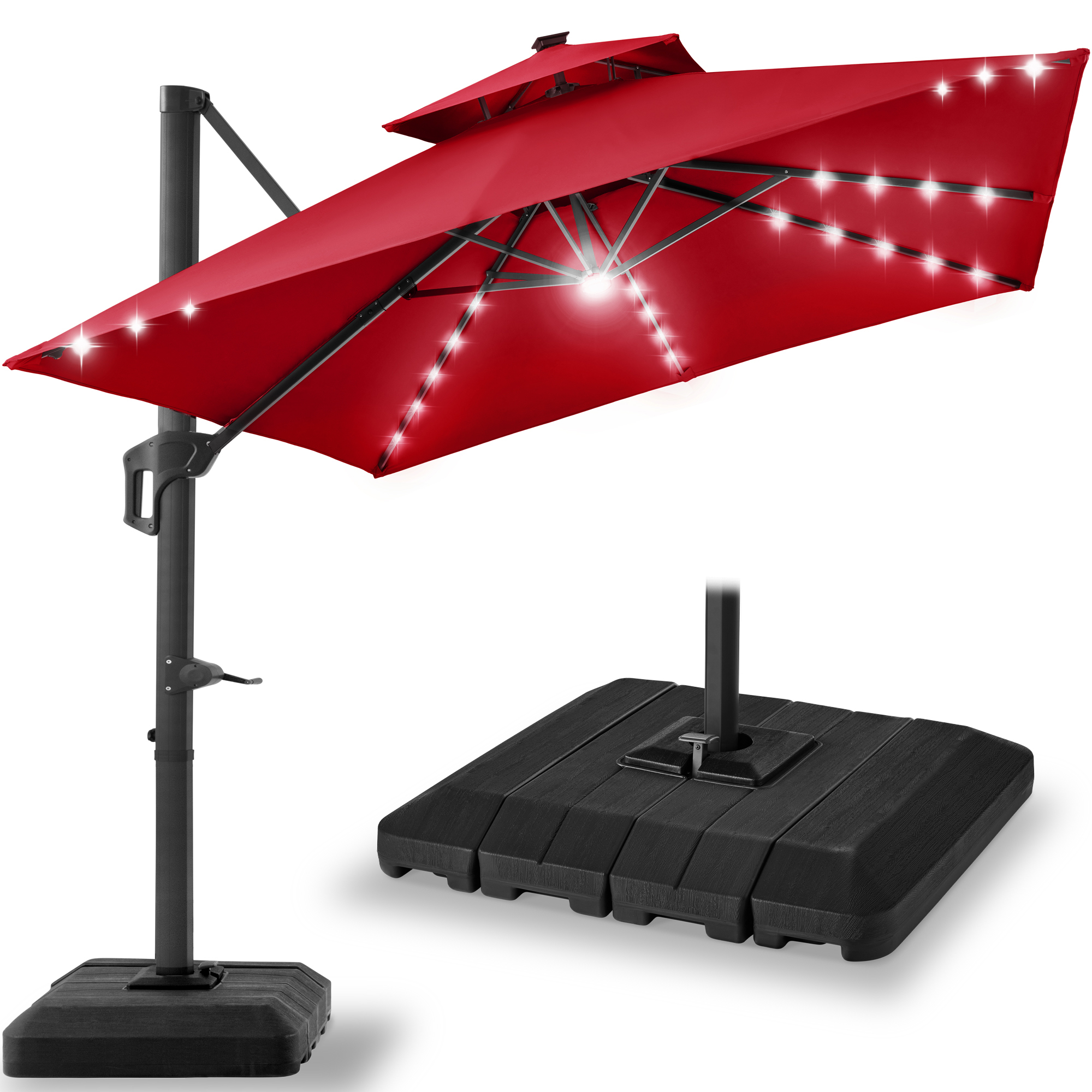 10ft 2-Tier Square Outdoor Solar LED Cantilever Patio Umbrella w/ Base Included - Red - Best Choice Products Online