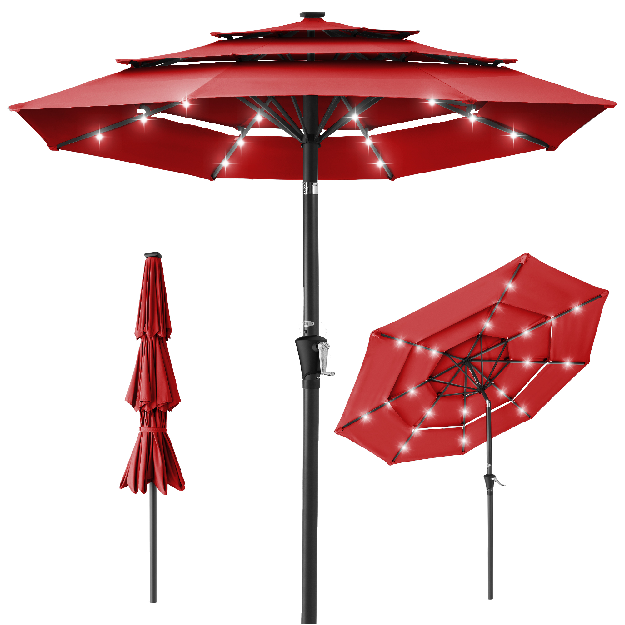 10ft 3-Tier Solar Patio Umbrella w/ 24 LED Lights, Tilt Adjustment, Easy Crank - Red - Best Choice Products Online