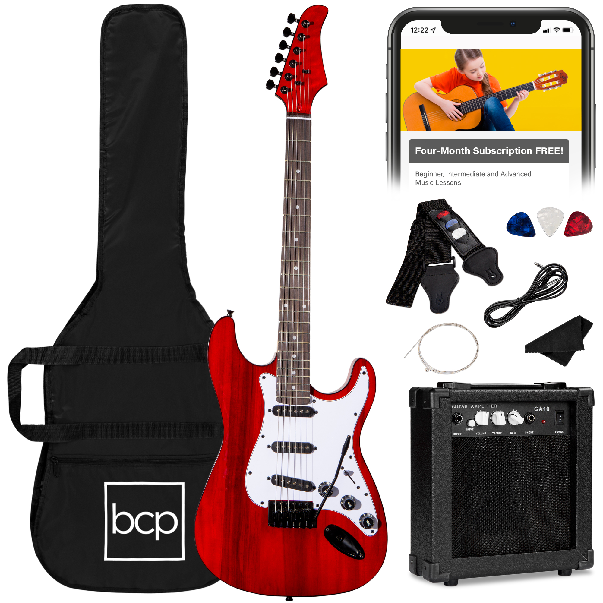 39in Full Size Beginner Electric Guitar Kit w/ Case, Strap, Amp, Whammy Bar - Cherry Red - Best Choice Products Online