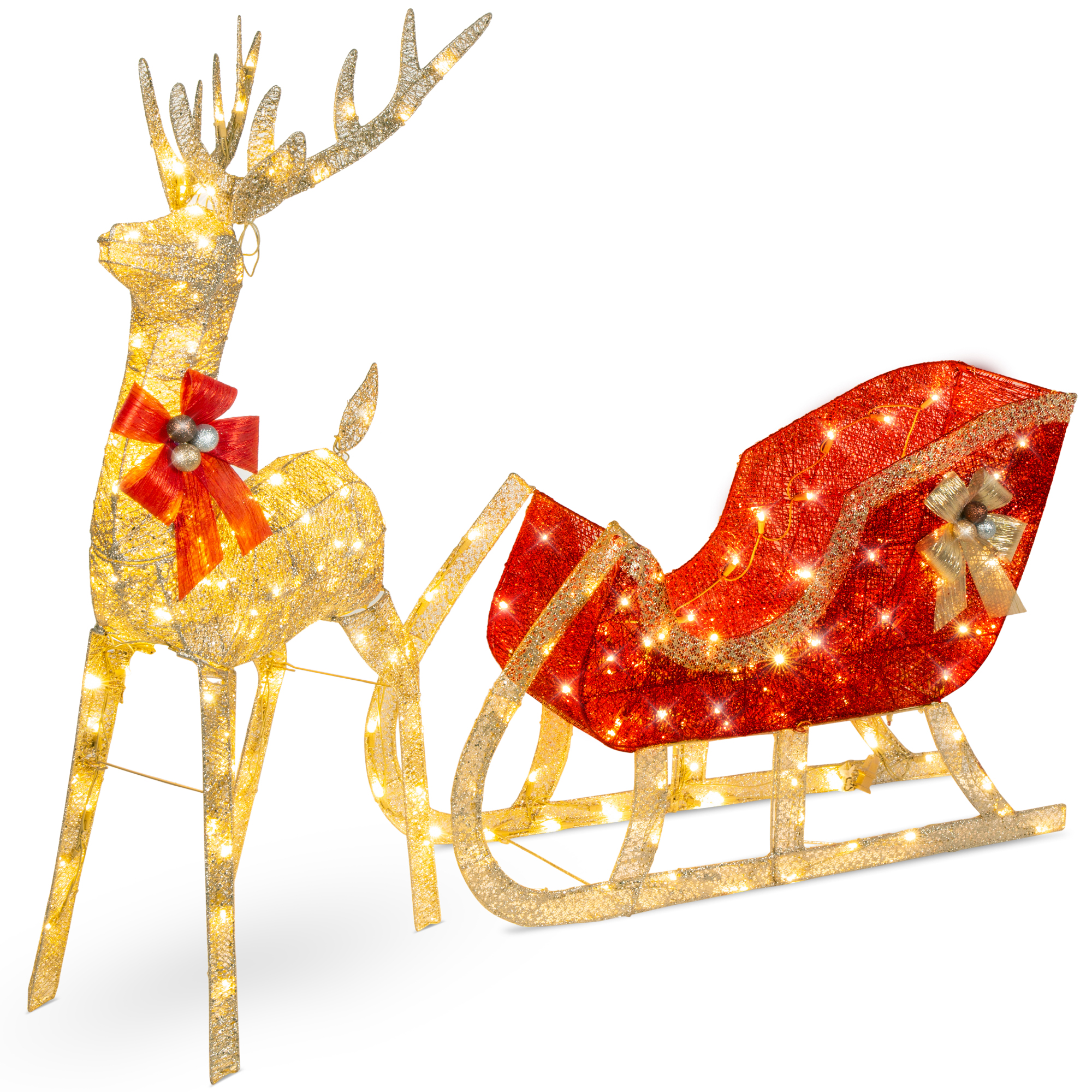 Lighted Christmas 4ft Reindeer & Sleigh Outdoor Decor Set w/ 205 LED Lights, Stakes - Gold - Best Choice Products Online
