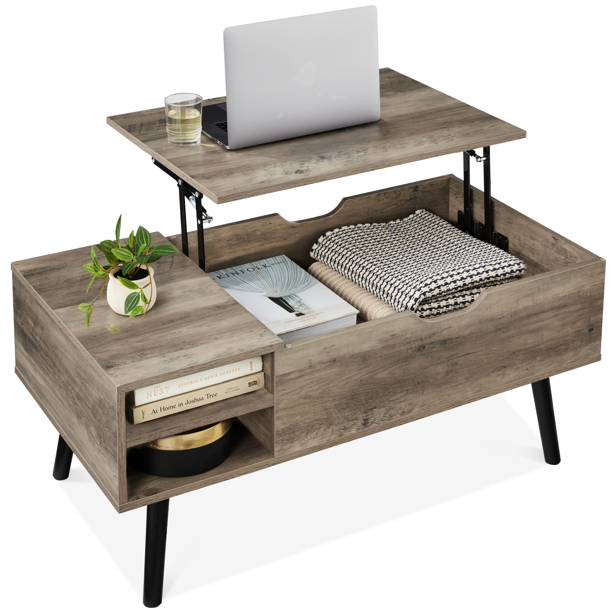 Wooden Mid-Century Modern Lift Top Coffee Table w/ Hidden Storage, Removable Shelf - Gray Oak - Best Choice Products Online