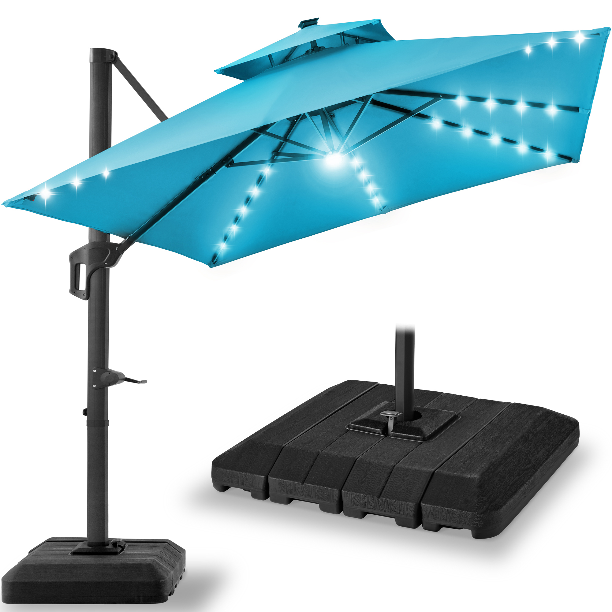 10ft 2-Tier Square Outdoor Solar LED Cantilever Patio Umbrella w/ Base Included - Sky Blue - Best Choice Products Online