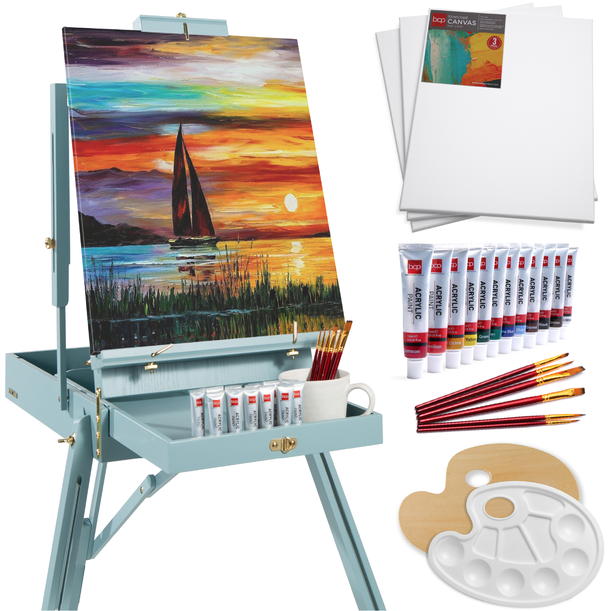 French Easel, 32pc Beginners Kit Portable Wooden Adjustable Tripod w/ Paint Supplies - Blue - Best Choice Products Online