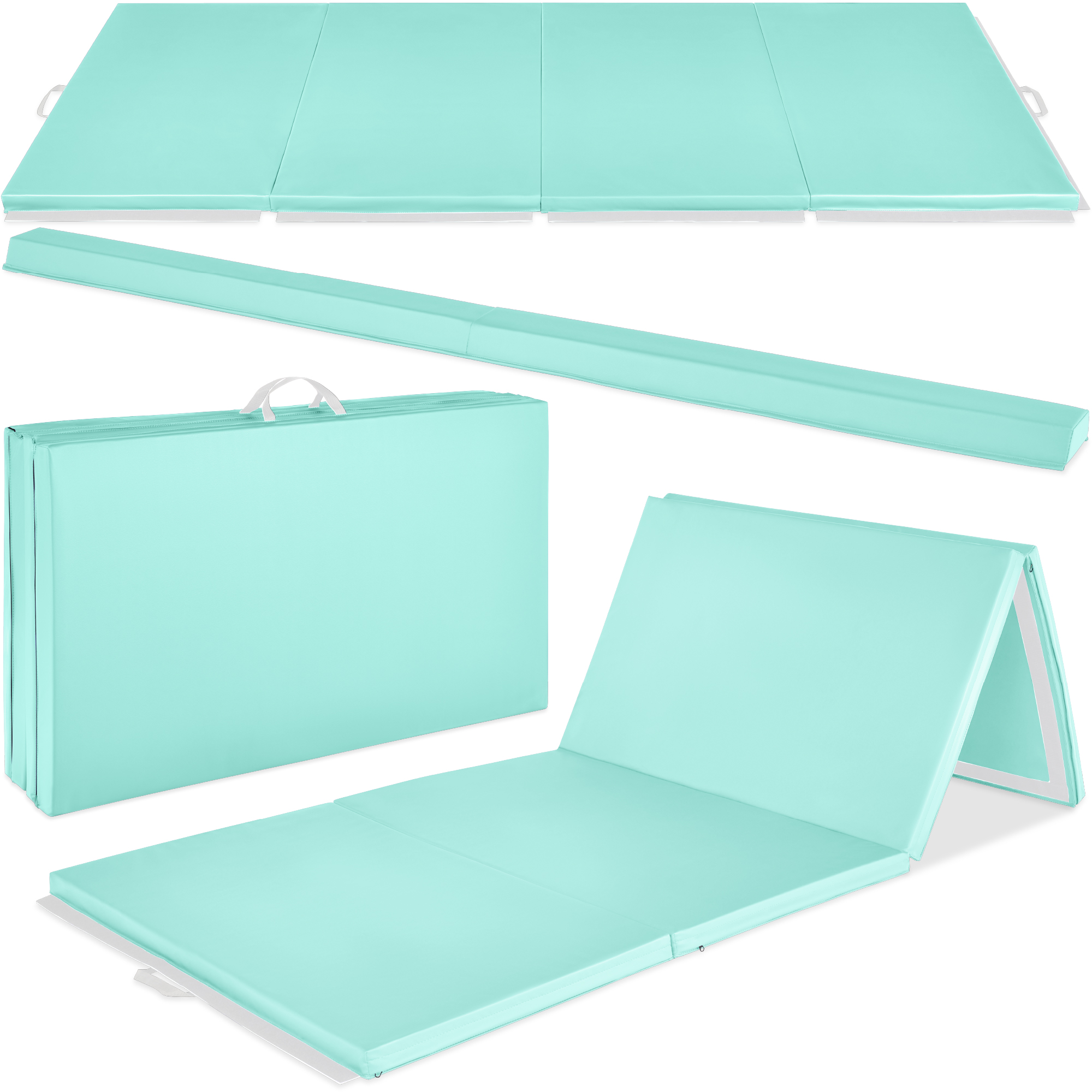 10ftx4ftx2in Folding Gym Mat 4-Panel w/ Carrying Handles & Folding Balance Beam - Aqua - Best Choice Products Online