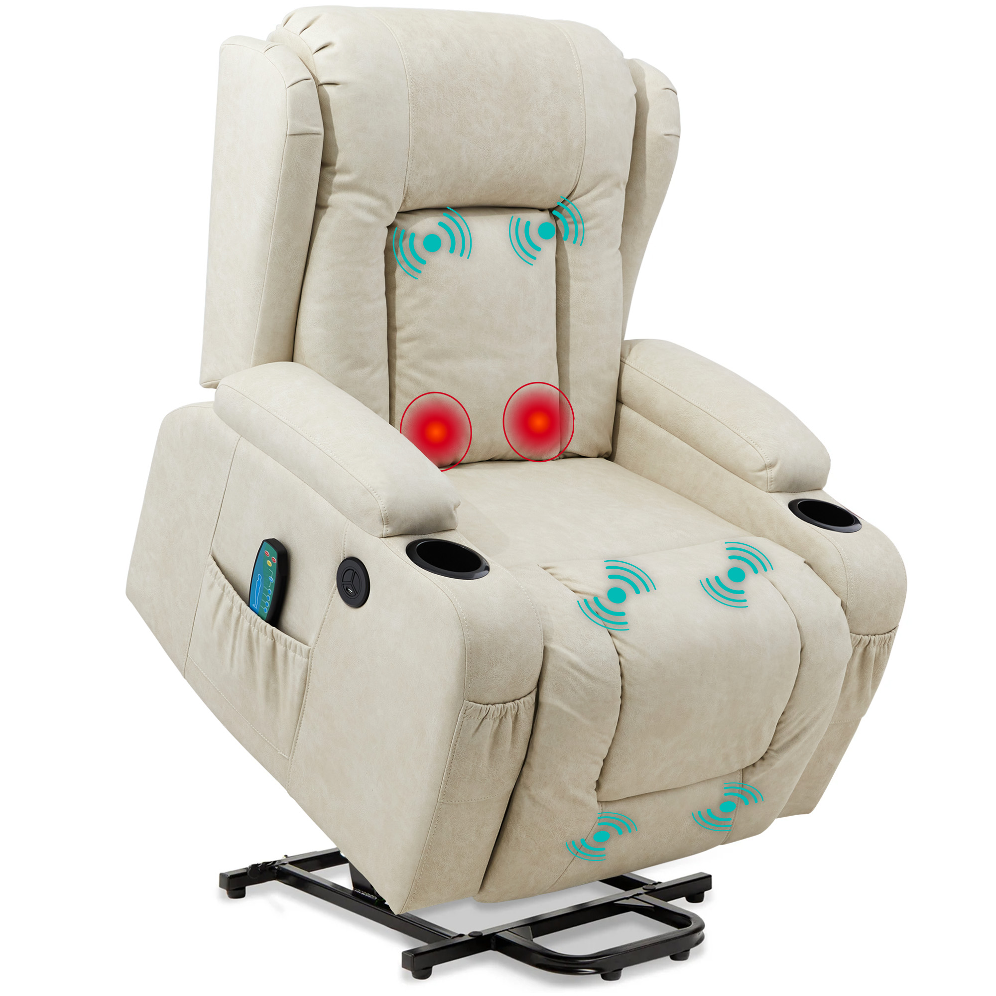 Power Lift Recliner Massage Chair Furniture w/ USB Port, Heat, Cupholders - Beige - Best Choice Products Online
